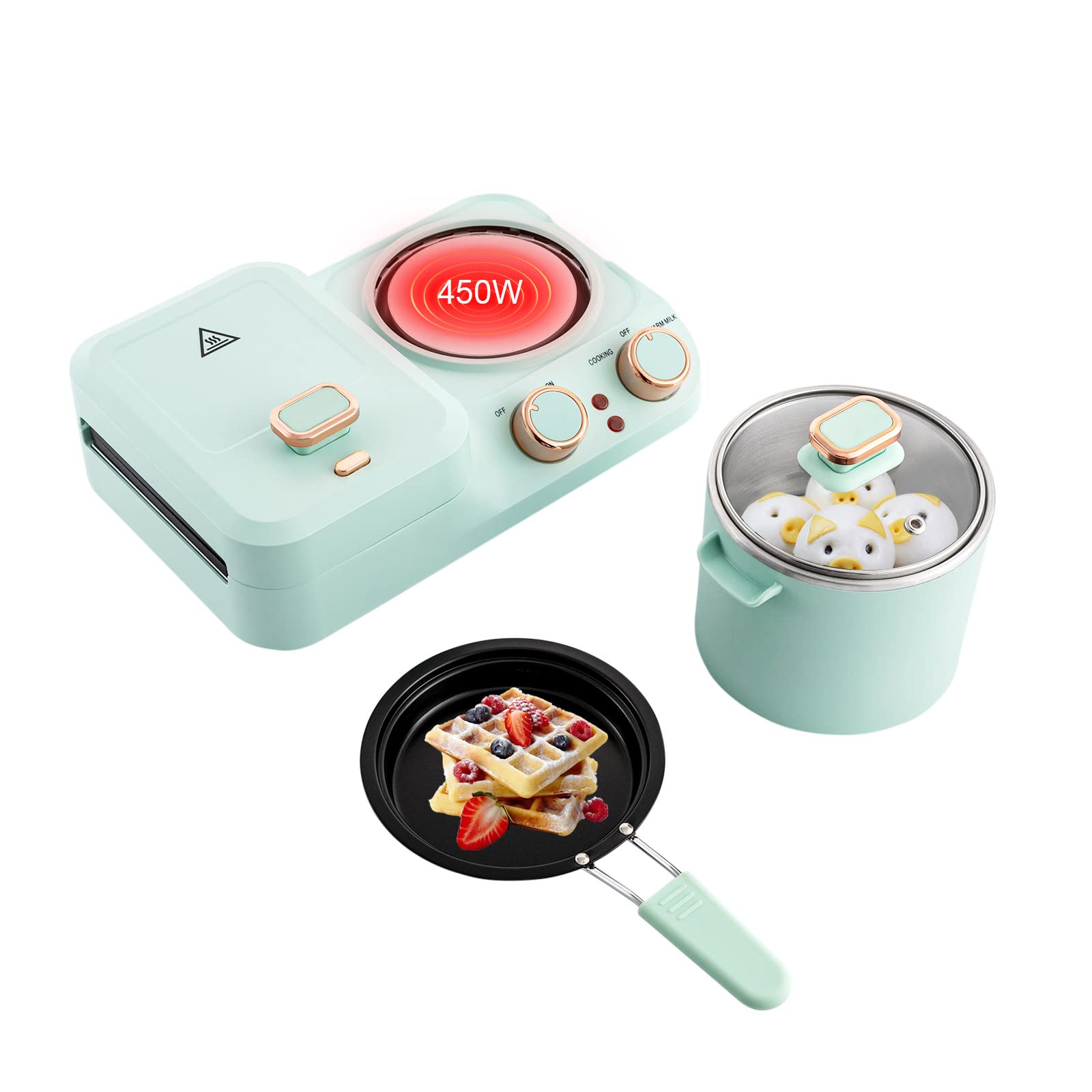 LOYALHEARTDY 3-in-1 Breakfast Station - 110V Electric Mini Toaster, Sandwich Maker with Soup Pot & Frying Pan - Perfect for Quick Breakfast, Small Kitchens & Dorms - Includes Glass Lid for Home Use