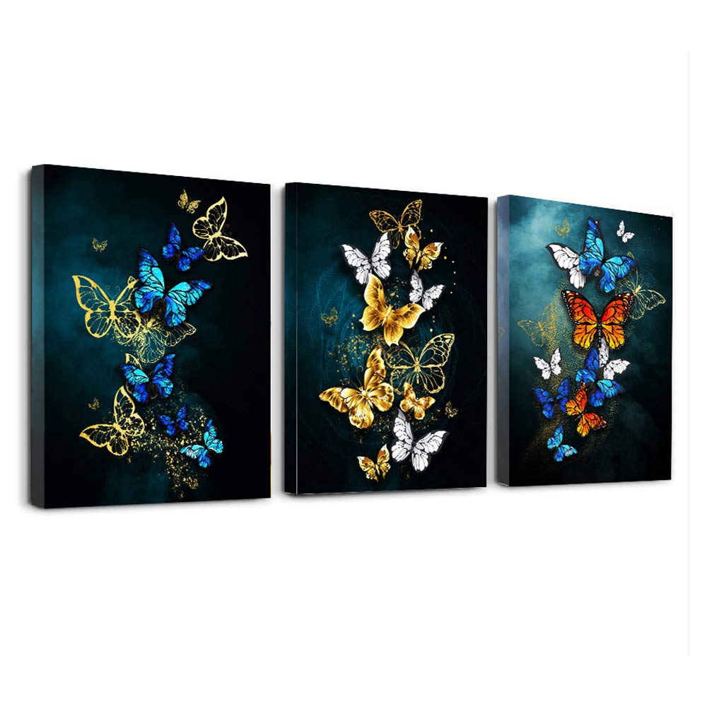 Modern Abstract Butterfly Canvas Wall Art - 3 Panel Blue Background Painting for Living Room, Bedroom, Bathroom & Office | Home Decor for Kitchen & Family Spaces | Perfect for Housewarming Gifts & Interior Design