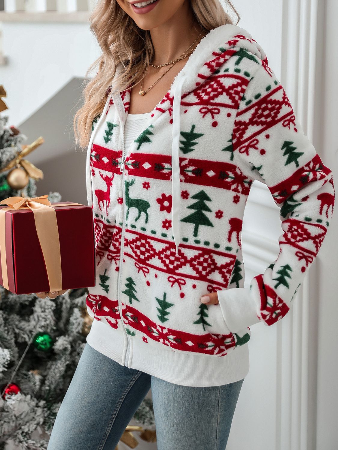 Christmas Drawstring Zip-Up Hooded Jacket - Cozy Holiday Pullover for Winter Outfits & Festive Gatherings