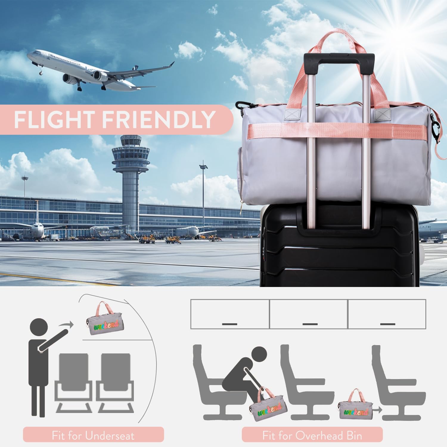 2 Pcs Women's Travel Weekender Bag with Shoe Compartment - Overnight Duffel, Gym & Hospital Toiletry Bag - Preppy Chenille Letter Design for Sleepovers, Weekend Getaways & Workouts