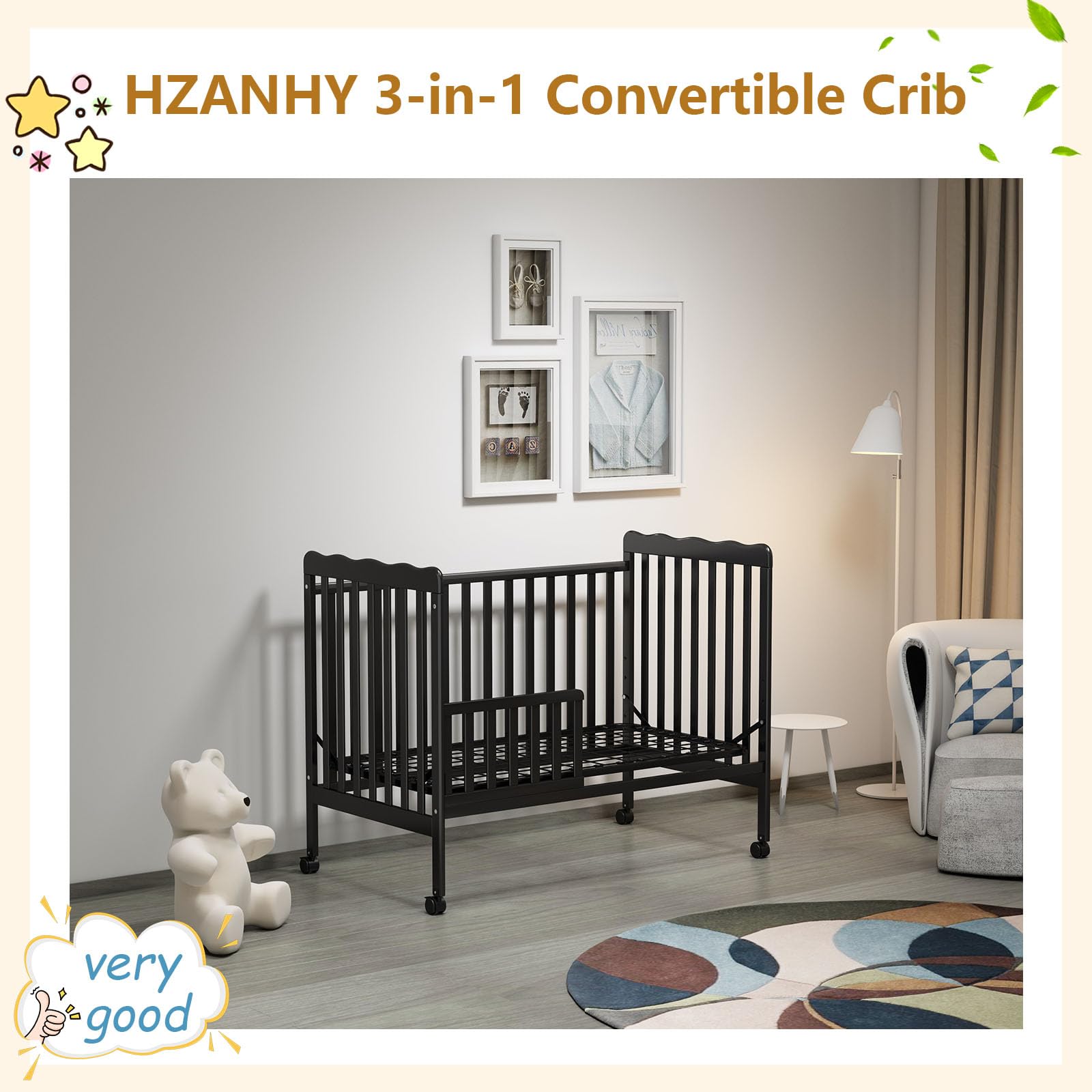 3-in-1 Convertible Baby Crib to Toddler Bed & Full Size Bed Frame - Safe & Adjustable Nursery Furniture for Newborns & Kids - Perfect for Small Spaces & Growing Families