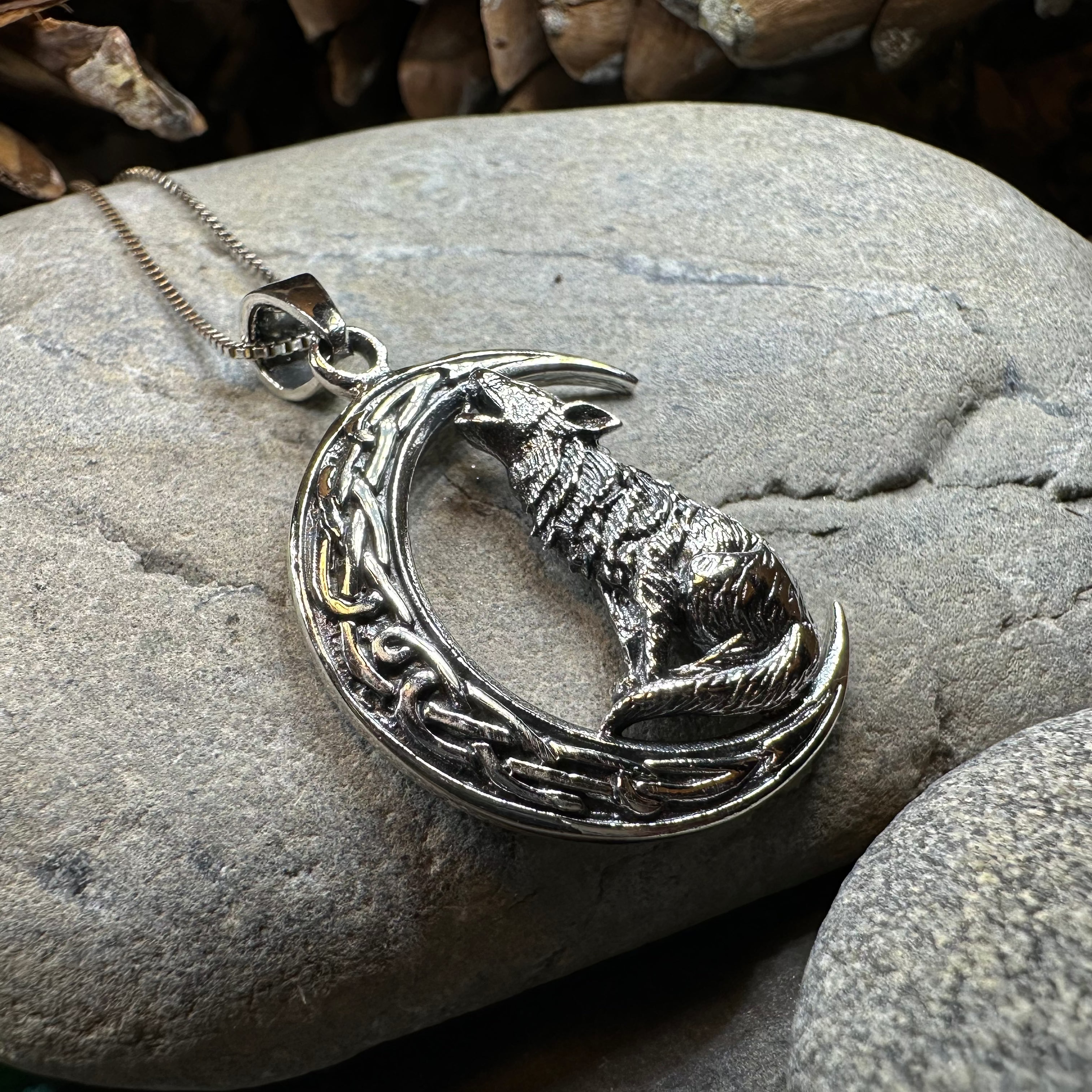 Nocturn Wolf Moon Necklace - Sterling Silver Howling Wolf Pendant for Women & Men - Perfect for Gifts, Boho Jewelry, and Moon Phase Lovers