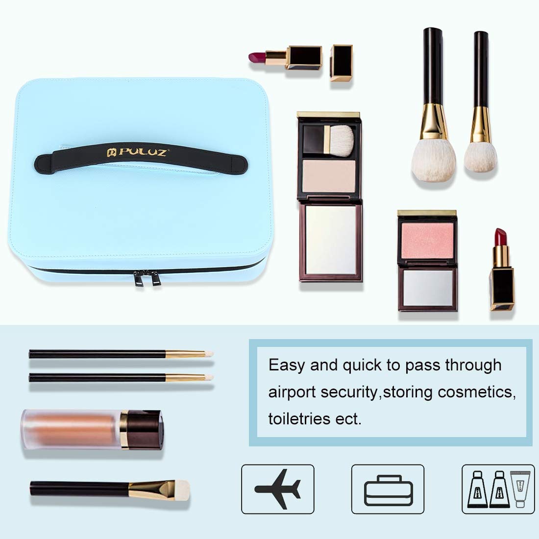 PULUZ Multifunctional Makeup Organizer & Cosmetic Storage Box with Ring Light, Mirror & Phone Clamp - Perfect for Live Streaming, Makeup Vanity, Photography & Video Recording (Blue)