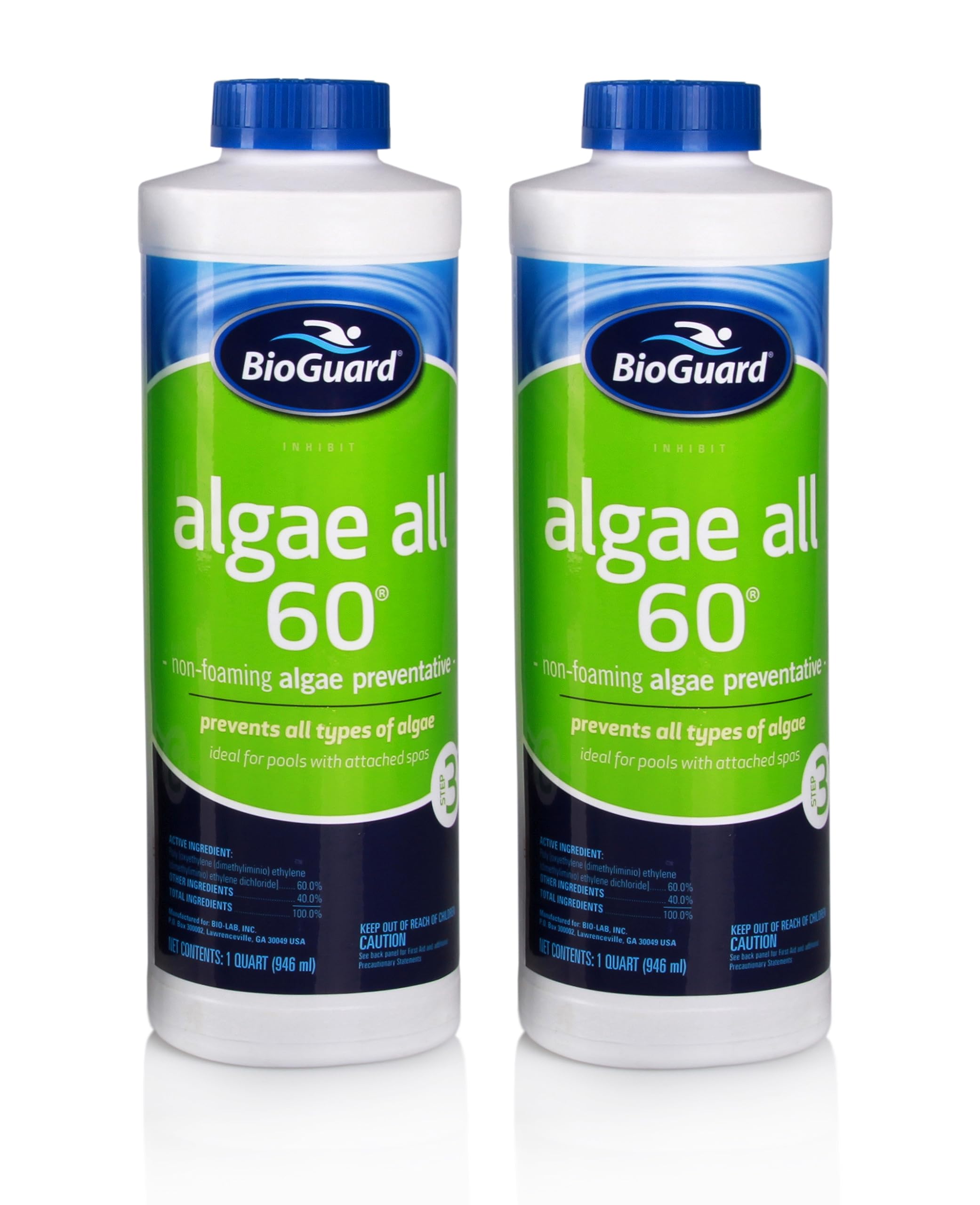 BioGuard® Algae All 60® Swimming Pool Algaecide - Non-Foaming Algae Preventative with LeisureQuip ScumBoat & Pool Care Log Book - for Inground & Above Ground Pools - Keep Your Pool Crystal Clear All Season