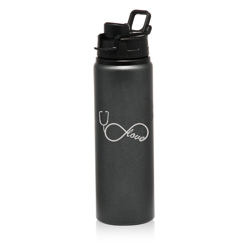 25 oz Aluminum Sports Water Bottle - Leak Proof, Insulated Travel Bottle for Gym, Hiking & Workouts - Infinity Love Design - Perfect for Nurses & Healthcare Professionals with Stethoscope Holder