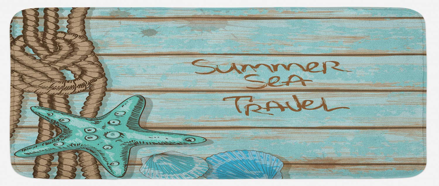 Ambesonne Non-Slip Plush Kitchen Mat - Starfish & Ship Deck Design, Summer Sea Travel Theme, 47