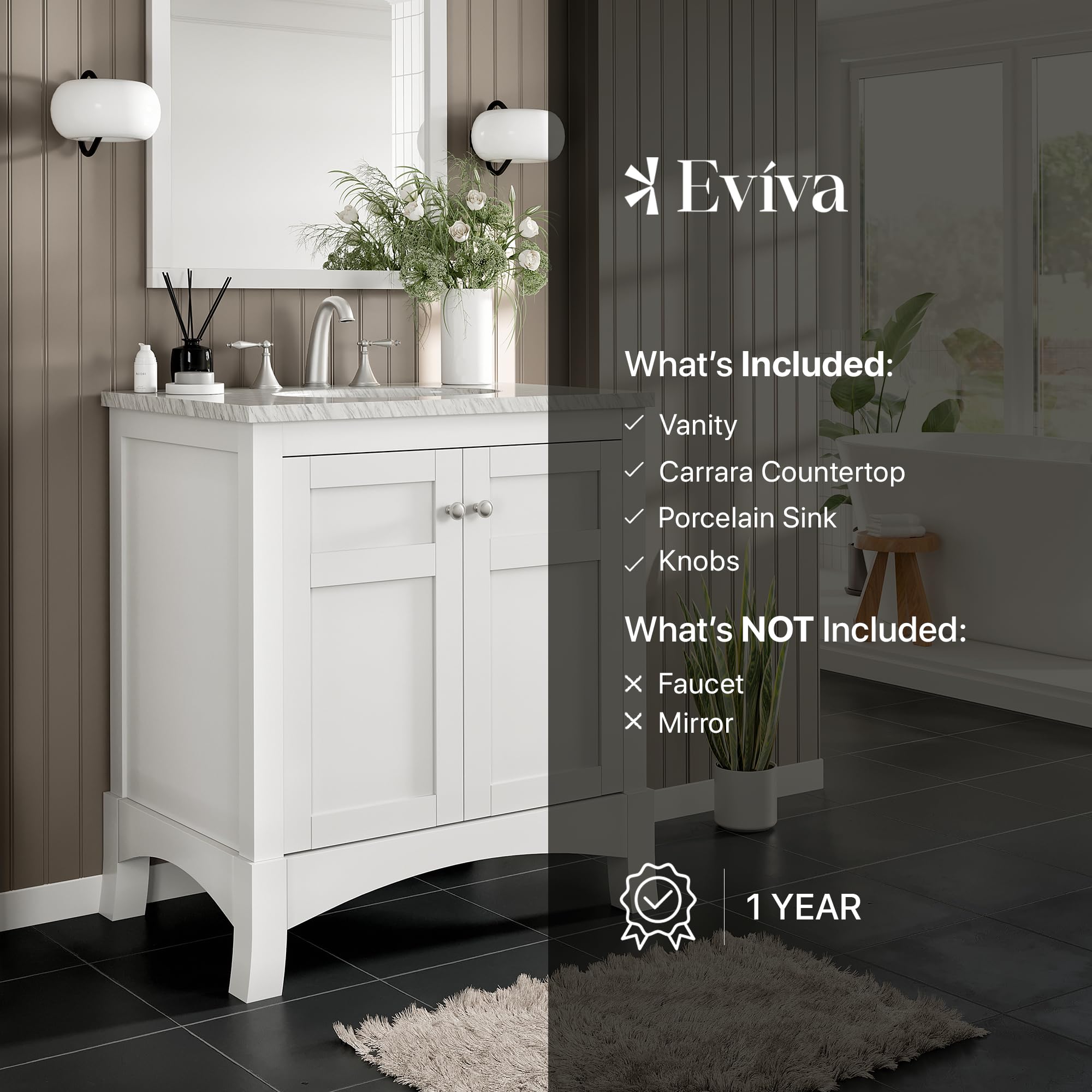 Eviva 30 Inch White Bathroom Vanity - Solid Wood Bathroom Sink Cabinet with Mirror, Modern Bathroom Vanity Set for Small Spaces | Perfect for Master Bath, Guest Bath & Apartment Renovation