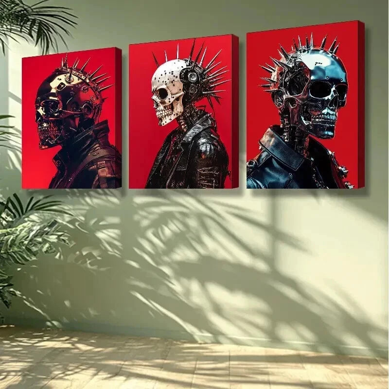 3-Piece Skeleton Punk Wall Art Set - Red Background Framed Canvas Prints 50x70cm (20x28in) | High Quality Australian Made Ready-to-Hang Decor | Perfect for Gothic Home, Punk Bedroom or Alternative Office Decor