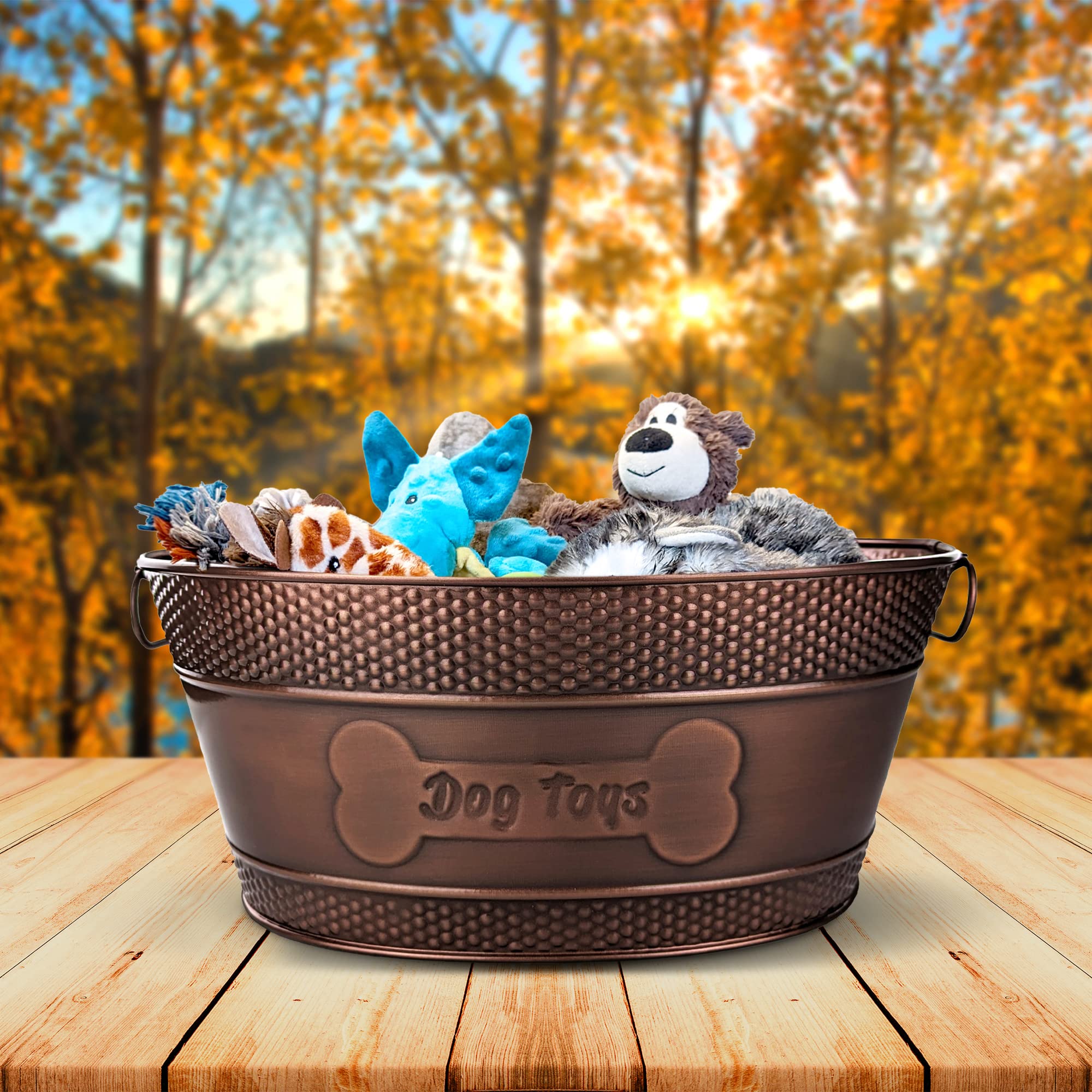 Durable Metal Dog Toy Storage Bin - Galvanized Copper Dog Toy Organizer with Handles for Chew Toys, Blankets & Leashes | Pet Bone Design Toy Box (15-Quart) | Perfect for Living Room, Bedroom & Dog Play Area Organization