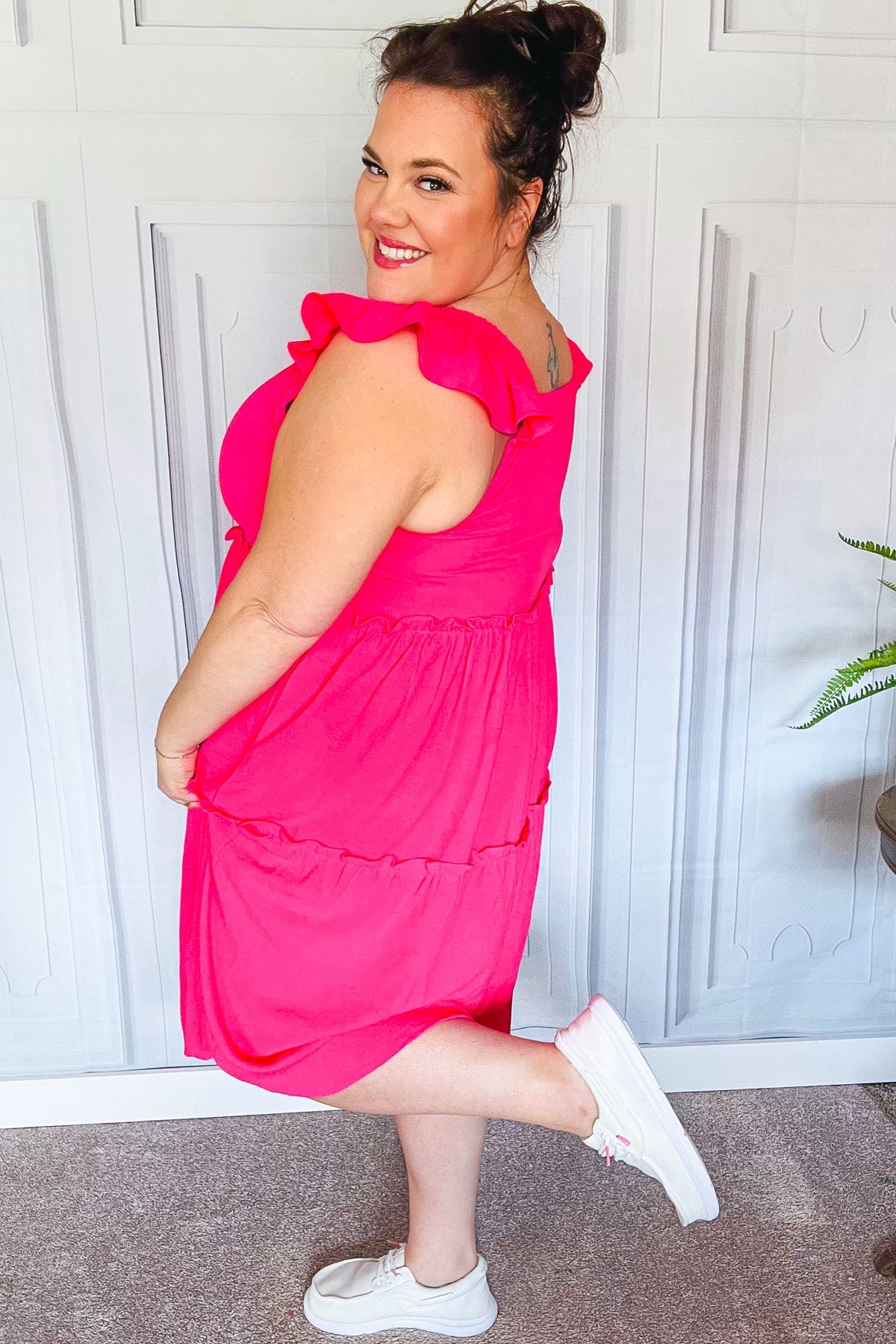 Fuchsia Smocked Flutter Sleeve Tiered Midi Dress for Women - Elegant Summer Casual & Wedding Guest Outfit