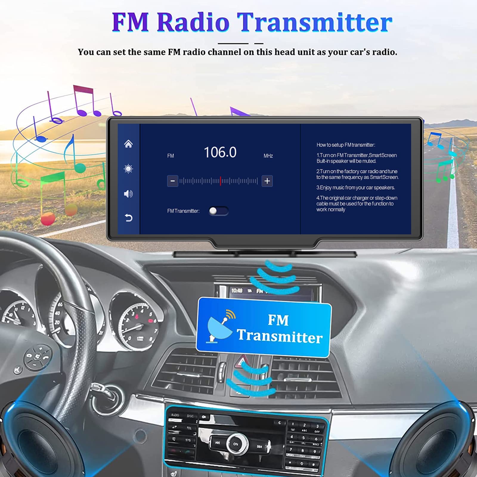 9.3 Inch Touch Screen Car Stereo with Wireless CarPlay & Android Auto | Bluetooth, AUX/FM, Voice Control | Front Dash & Rear View Camera | 7-32V Dashboard Mount | Perfect for Road Trips, Commuting & Hands-Free Driving