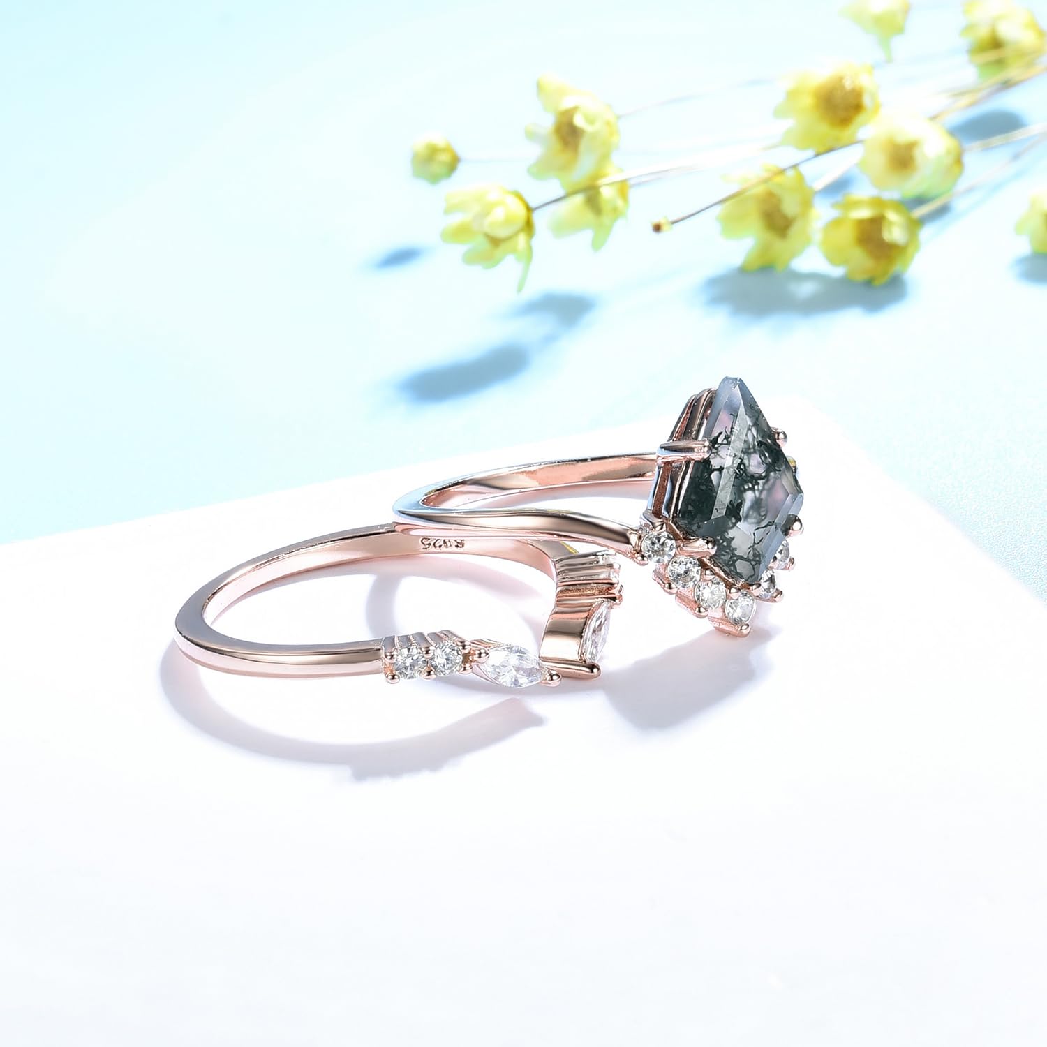 Natural Moss Agate Gemstone 925 Sterling Silver Ring for Women | Kite Cut Engagement Ring Set | Wedding, Anniversary & Everyday Jewelry Gift