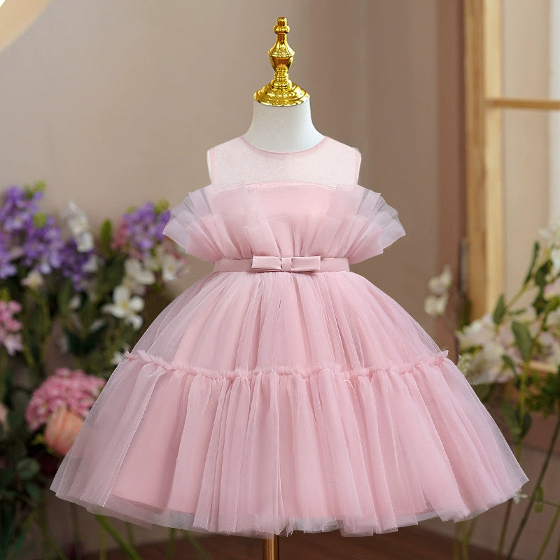 Pink Princess Round Tea Length Tulle Flower Girl Dress for Weddings, Birthday Parties & Special Occasions