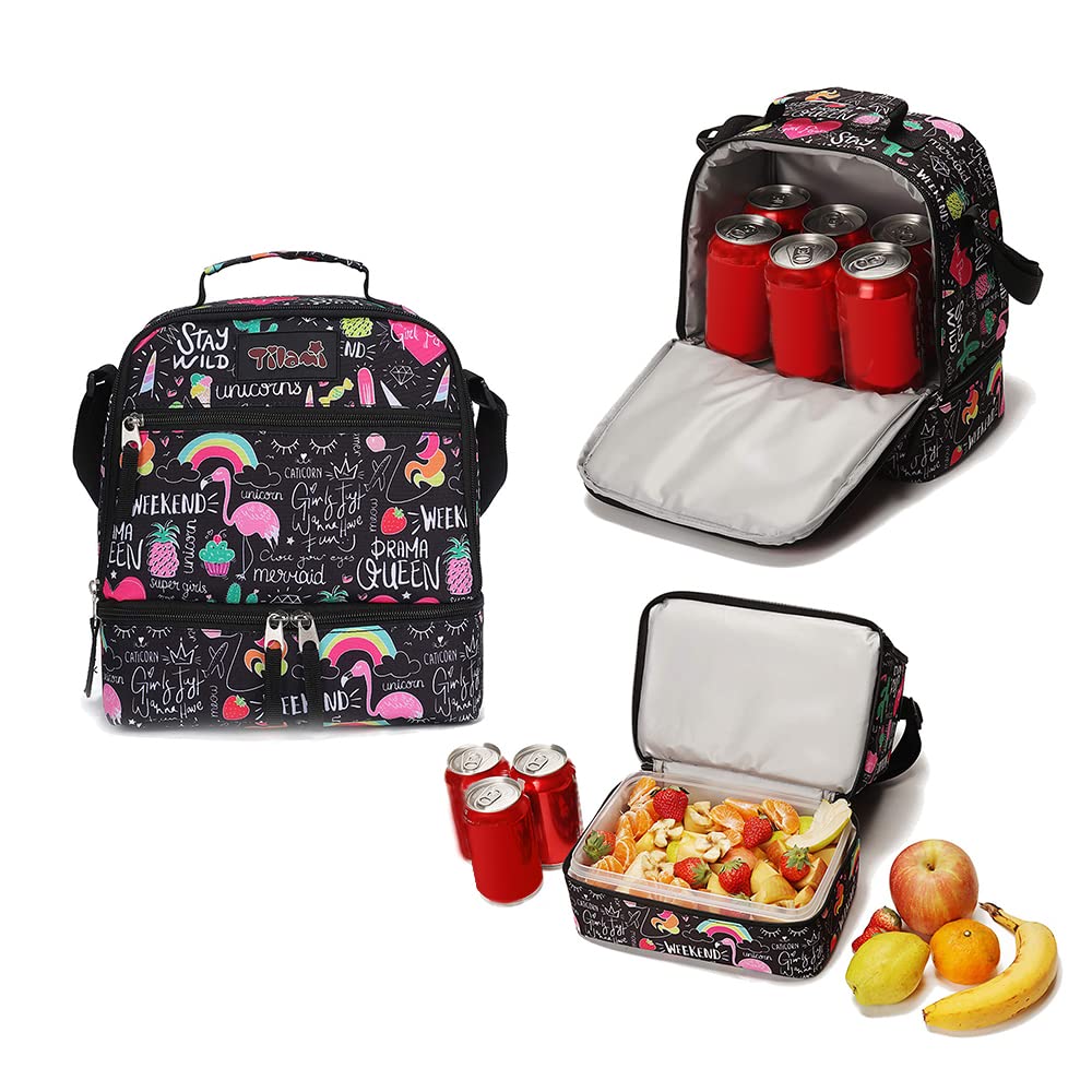 Tilami Insulated Lunch Bag with Adjustable Strap & Zipper - 2 Compartment Cooler Bag for Kids & Toddlers - Perfect for School, Picnics & Outdoor Activities