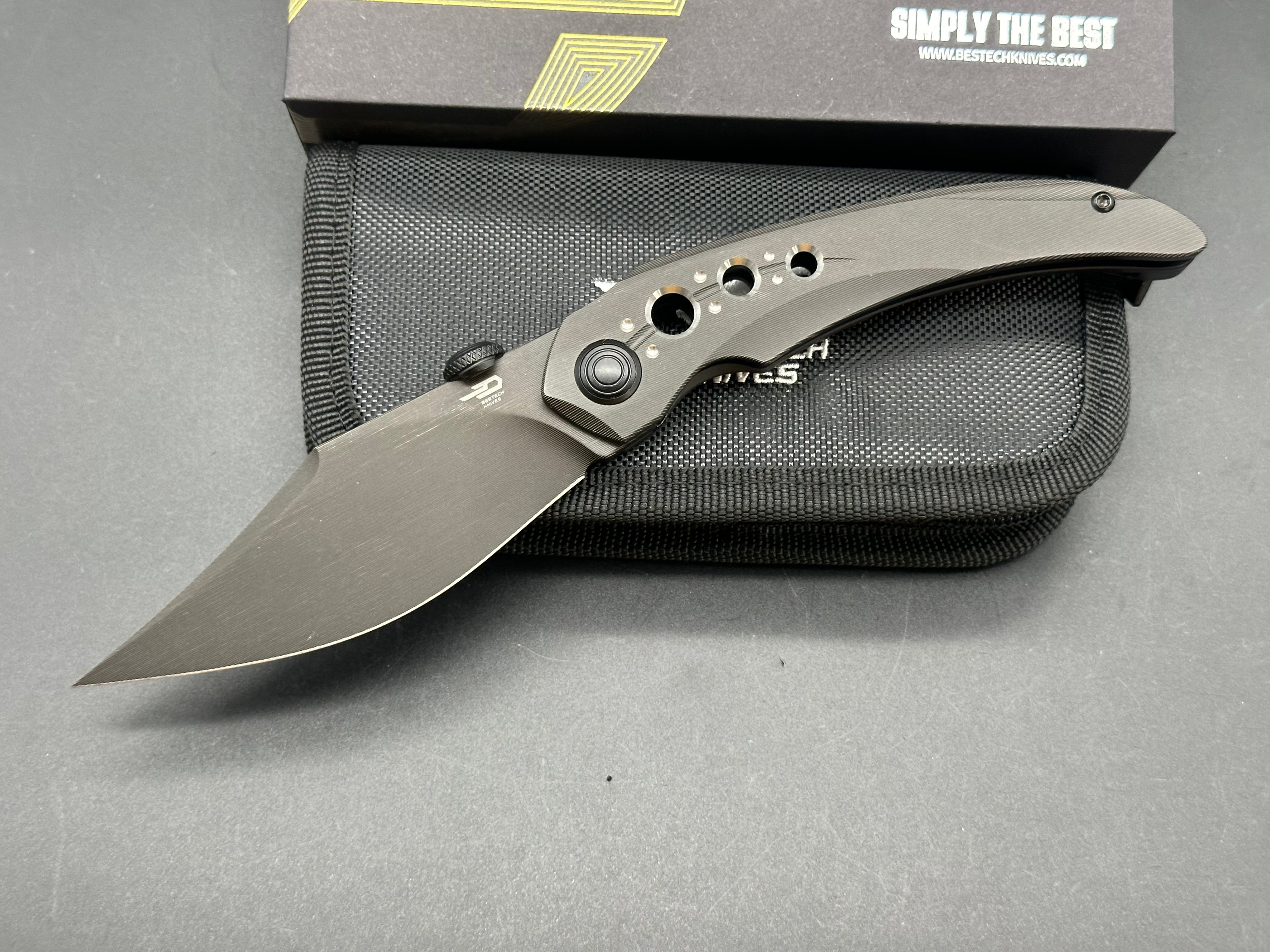 BESTECH RAZON Folding Knife - Black Titanium Handle, MagnaCut Steel Blade with Black PVD/Lasering Line Coating - EDC Pocket Knife for Camping, Hiking & Outdoor Survival