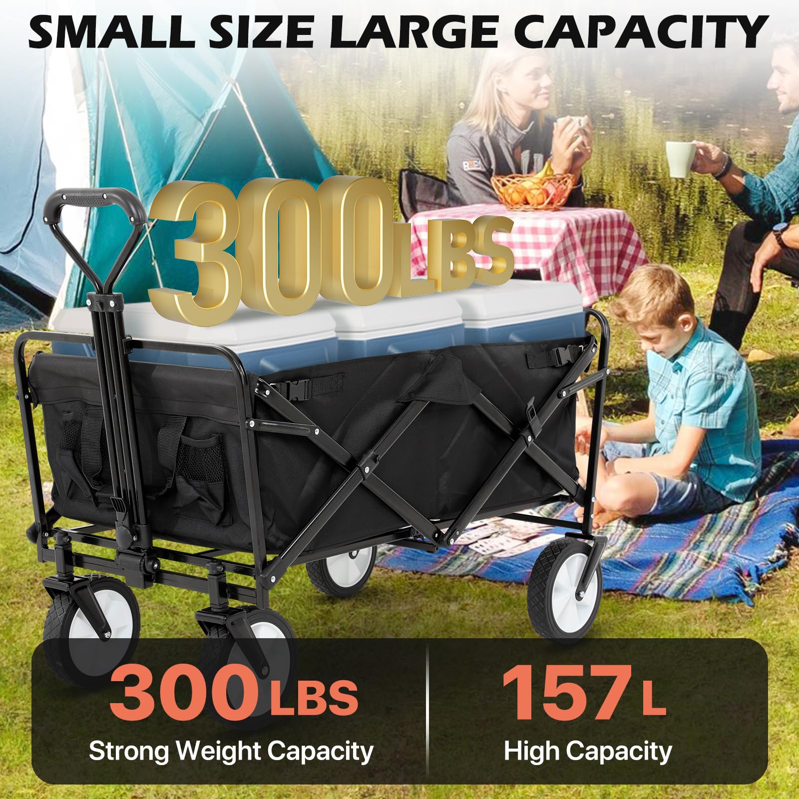 Foldable Utility Wagon Cart with Adjustable Handle - Heavy Duty Collapsible Grocery Cart on Wheels for Sports, Camping, Beach, Outdoor & Garden Use - Perfect for Shopping, Picnics, Tailgating and Family Outings (Black)