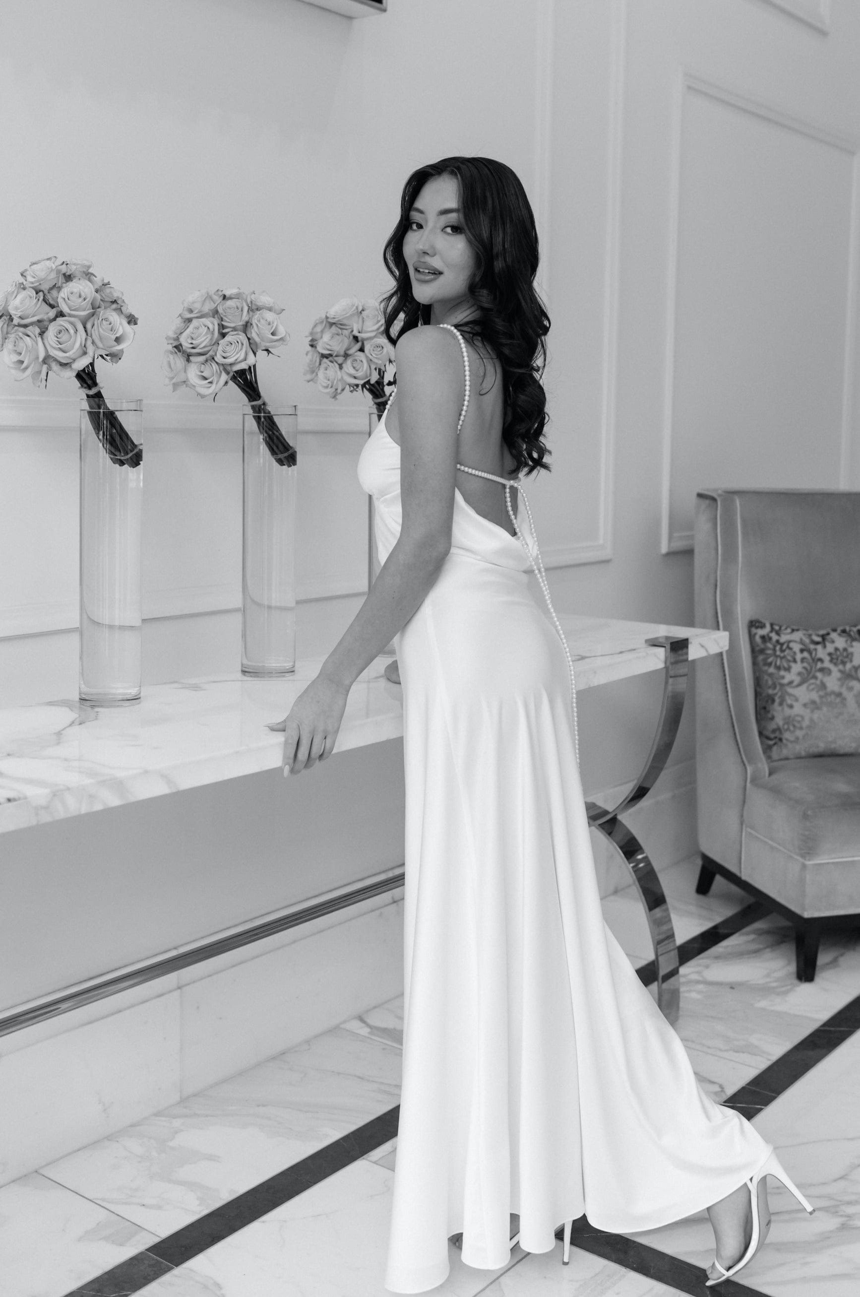 Lea Pearl Cowl Back Slip Dress - Elegant Women's Lace Nightgown & Sleepwear for Date Night & Special Occasions