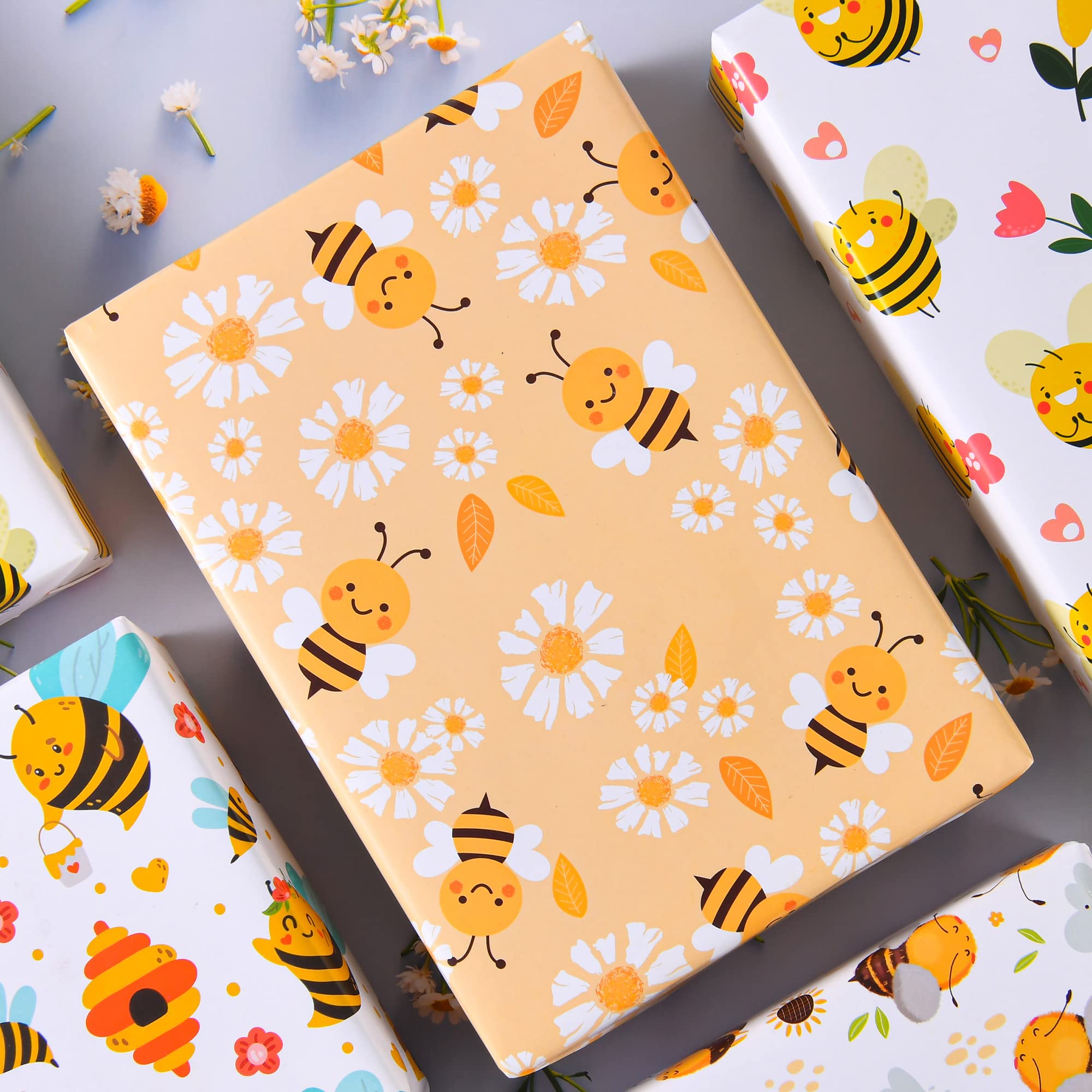 Titiweet Bee Themed Wrapping Paper - 12 Sheets Birthday Gift Wrap for Girls & Women, 20 x 28 Inches, Cute Honeycomb & Bee Design for Birthday Party, Baby Shower & Christmas Gifts - Perfect for DIY Crafts & Holiday Present Wrapping