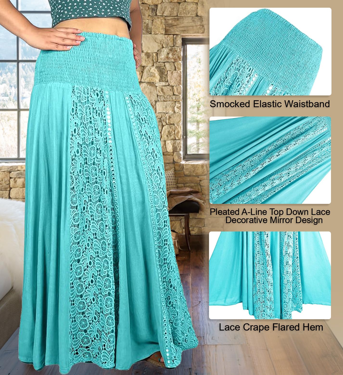Agan Traders Women's 2025 Spring Soft Rayon Bohemian Maxi Skirt with Smocked Elastic Waistband - Flowy Gypsy Style for Beach, Festival & Summer Outfits