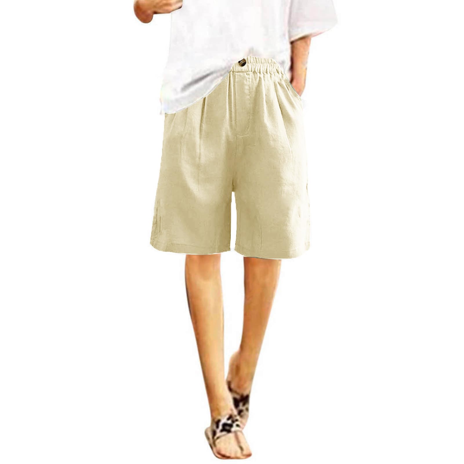 Women's High Waisted Linen Shorts - Casual Summer Beach Shorts with Elastic Waist & Pockets - Lightweight Comfortable Shorts in Beige (XX-Large) - Perfect for Vacation, Travel, and Outdoor Activities