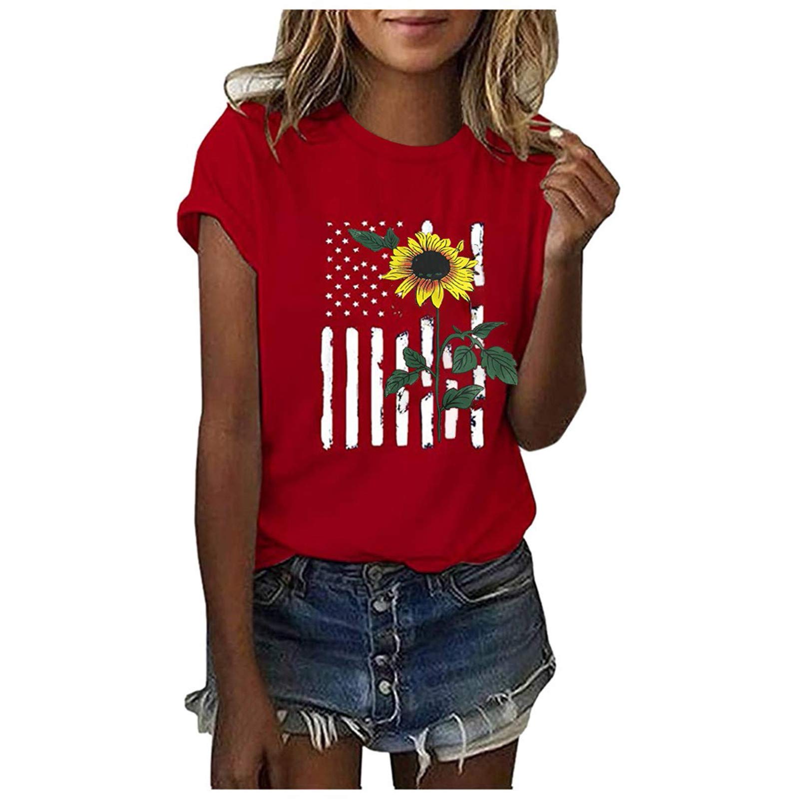 Women's 4th of July T-Shirts - Summer Short Sleeve Casual Loose Fit Sunflower Print Blouse for Independence Day Celebrations, Beach Outings & Summer Vacations