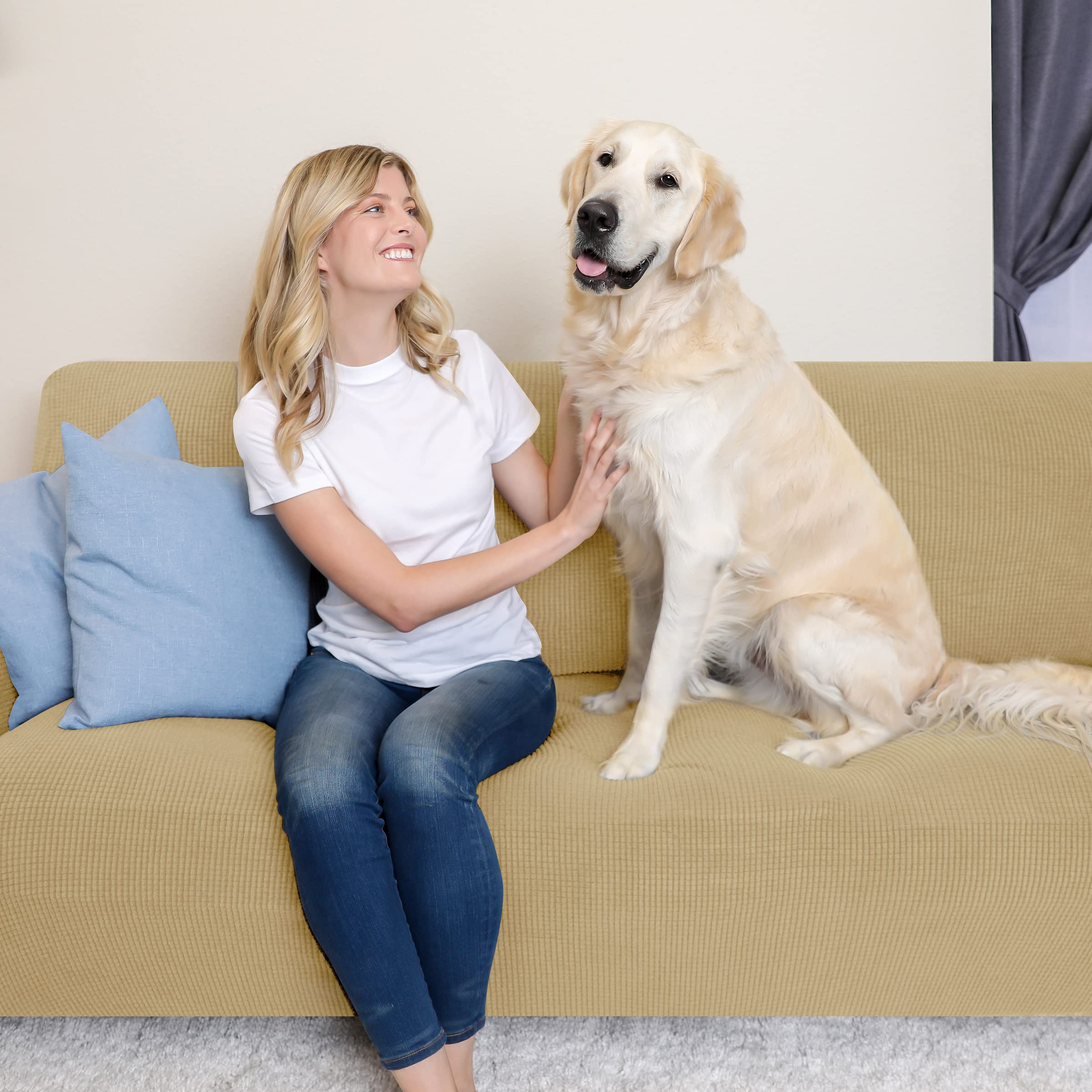 SUBRTEX Stretch Loveseat Sofa Slipcover - 2 Piece Washable Jacquard Fabric Couch Cover for 2 Seater Sofas, Soft Furniture Protector with Small Checks Design (Khaki) - Perfect for Living Room, Apartment & Home Decor