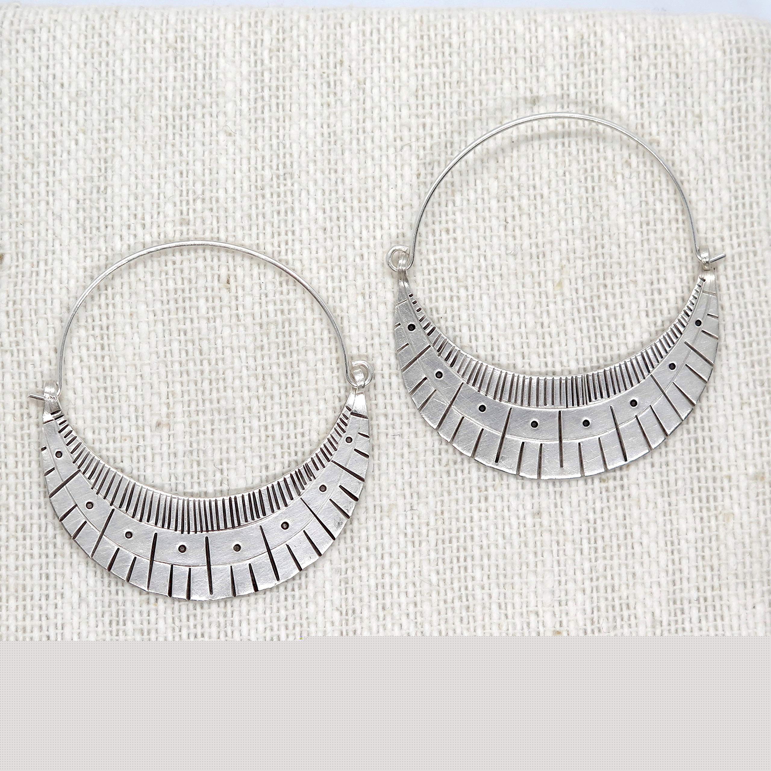 Handmade Sterling Silver Large Boho Statement Crescent Moon Hoop Earrings with Geometric Pattern Engraving | Unique Boho Chic Jewelry for Women | Perfect for Festivals, Parties & Everyday Wear
