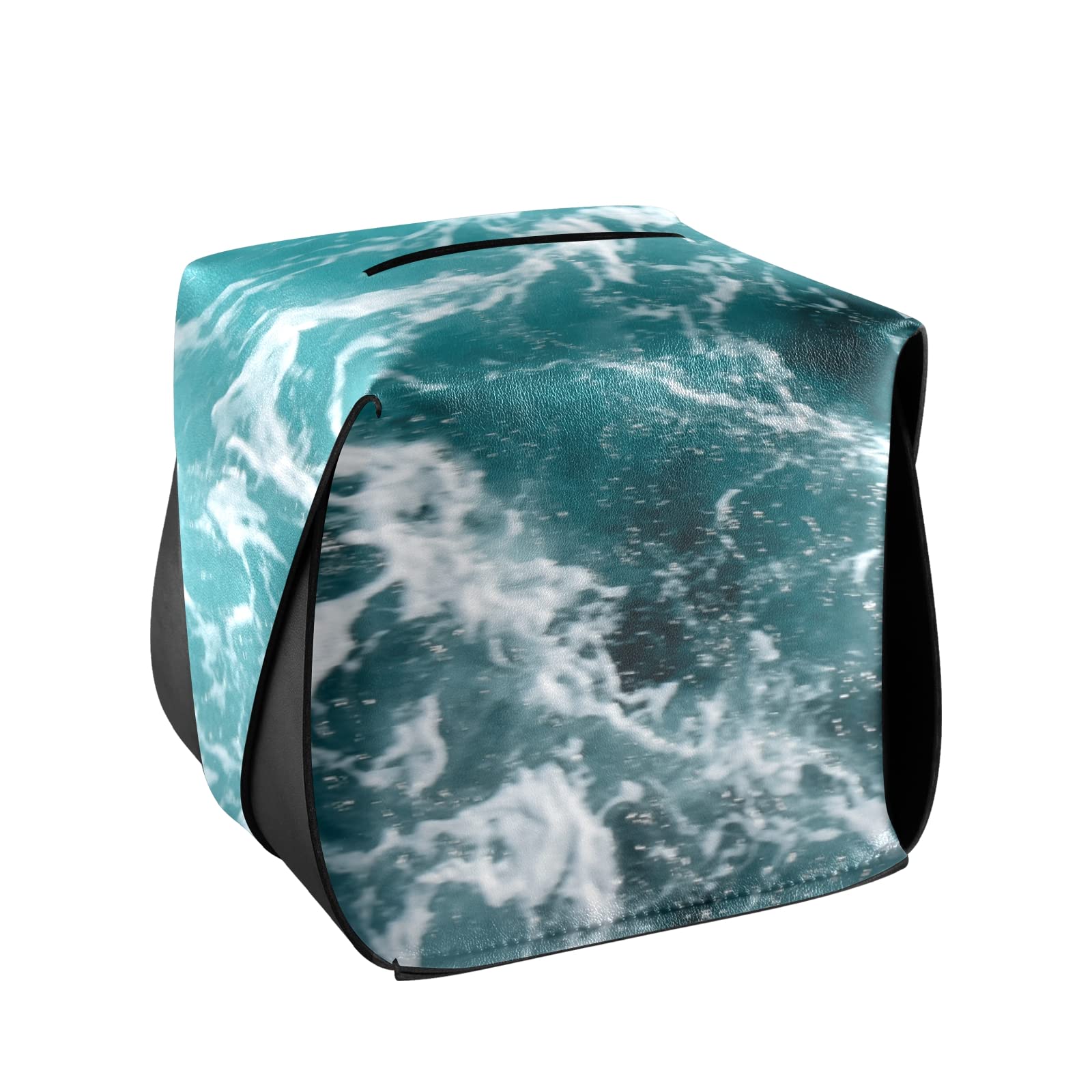Turquoise Ocean Wavy Surface Leather Tissue Box Cover with Handle - 5.7x5.7x5.7 Inch Square Design for Bathroom, Home, Office & Car - Perfect for Nightstands, Vanity Countertops and Desks - Water Splash Close-Up Texture