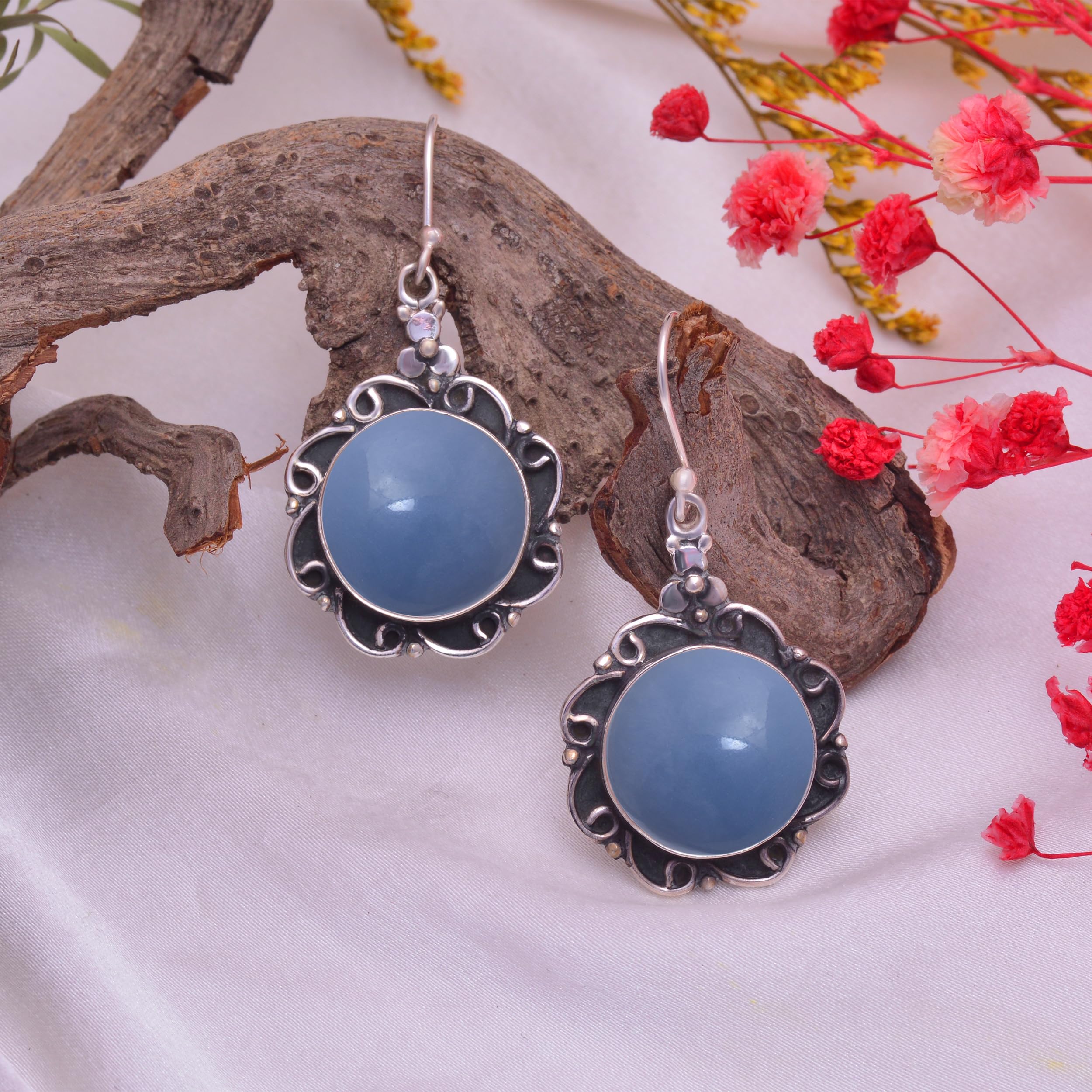 Veracity Jewelry Angelite Earrings for Women - 925 Sterling Silver Dangle Earrings with Blue Angelite Gemstone - Handmade Inner Peace Jewelry - VSE-512 | Perfect for Meditation, Yoga & Spiritual Healing