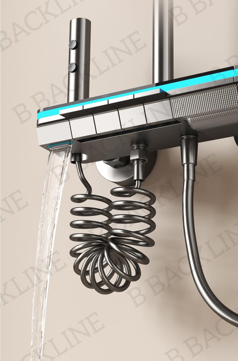 B Backline Brass LED Shower Panel Set with Temperature Display - 4-in-1 Multifunction Shower System with Hand Shower, Overhead Shower & Jet Spray | Hot & Cold Mixer for Modern Bathroom | Gun Grey Finish | Perfect for Spa-Like Experience & Luxury Bathroom Upgrade