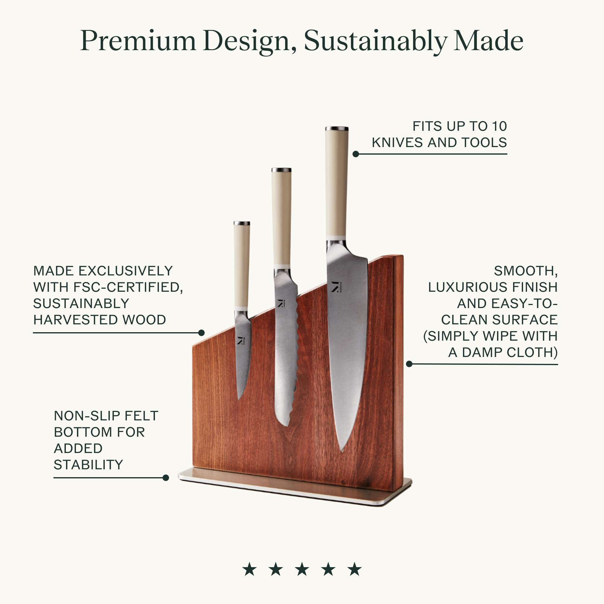 Premium Magnetic Wooden Knife Stand - Modern Walnut Knife Block Holder for Safe Storage & Display - Fits 10 Knives - Perfect for Kitchen Countertop & Chef's Knife Organization