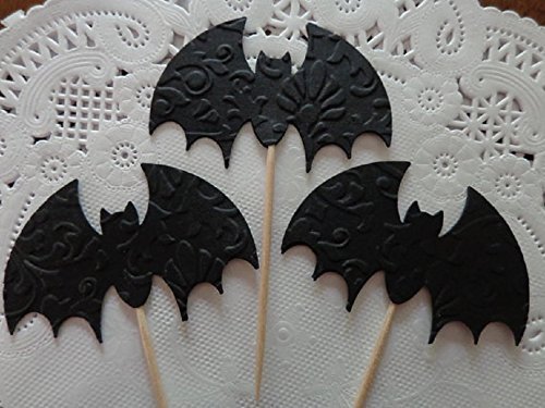 Black Bat Cupcake Toppers - Damask Embossed Halloween Party Decorations - Set of 24 Appetizer Picks for Cupcakes, Cakes, Desserts - Perfect for Halloween Parties, Birthday Celebrations & Themed Events