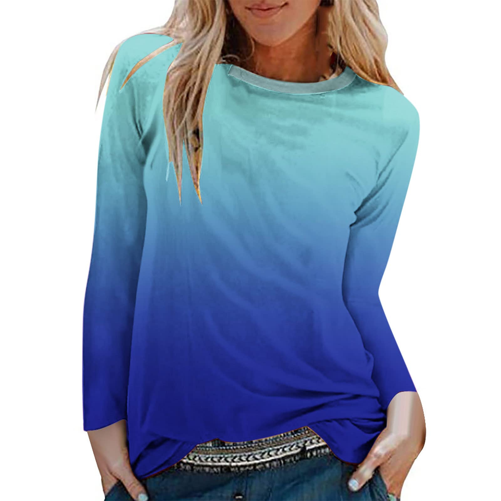 Women's Casual Long Sleeve Graphic Print Tee Shirts - Loose Lightweight Gradient Color Blouse Tops for Everyday Wear & Street Style Fashion