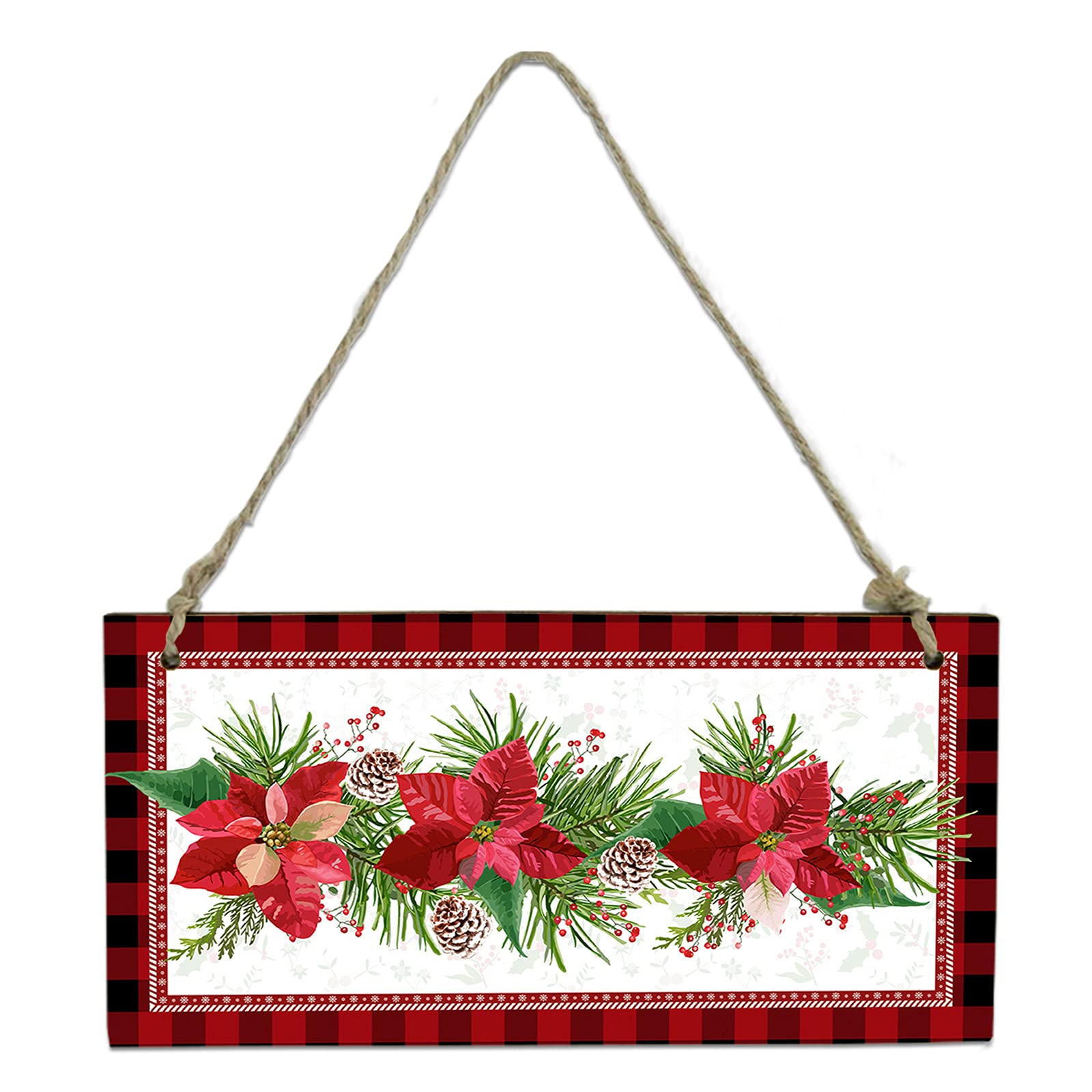 ARTtikke 8x4 Inch Merry Christmas Poinsettia Floral Welcome Plaque - Rustic Wooden Hanging Sign with Red Black Plaid Design for Front Door, Porch, Wall Decor | Perfect Holiday Home Decor & Gift Idea