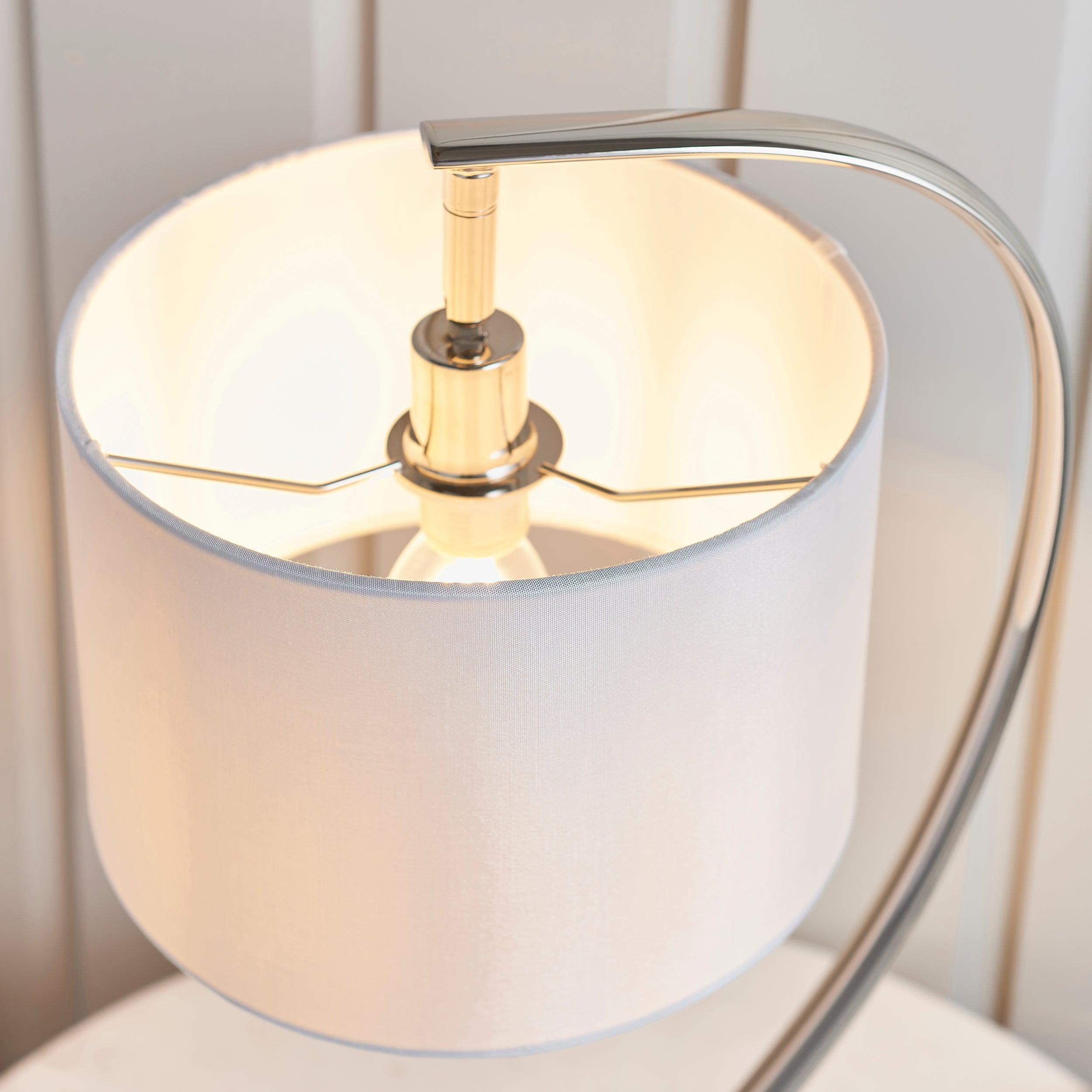 Endon Josephine 1-Light Nickel Table Lamp with White Fabric Shade - Modern Bedside Nightstand Lighting for Bedroom, Living Room & Office