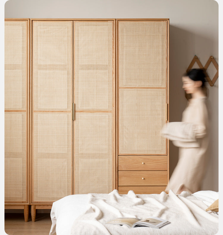 Solid Oak Wood Rattan Wardrobe - Stylish Storage for Bedroom, Living Room & Closet Organization
