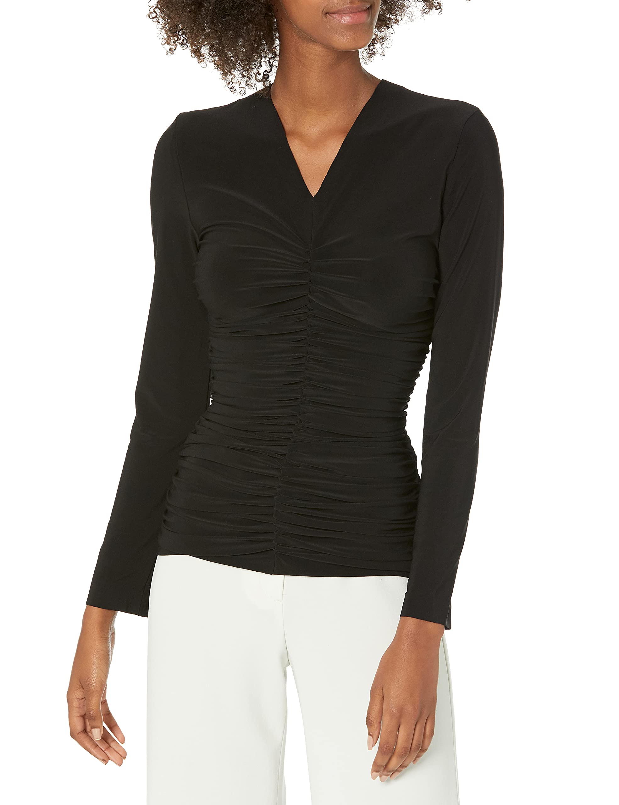 Norma Kamali Women's Long Sleeve V Neck Slinky Top - Stretchy Comfortable Blouse for Work & Evening Outfits | Perfect for Office, Date Night & Casual Wear