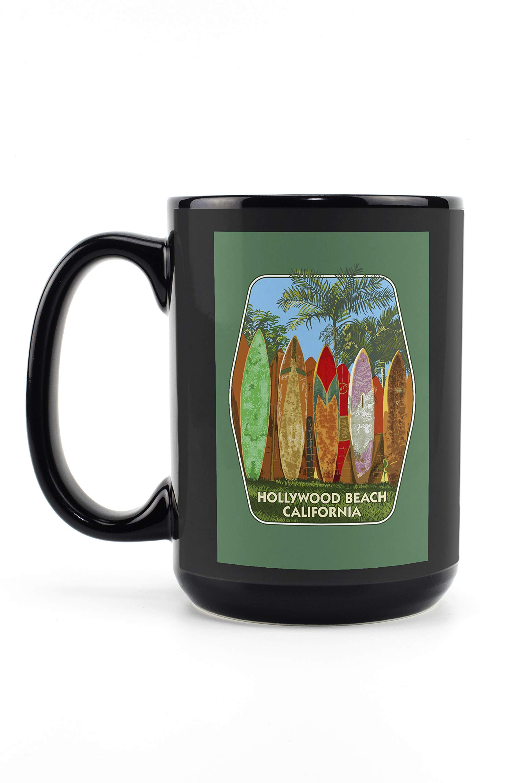 Lantern Press Hollywood Beach California Surfboard Fence Contour - 15oz Black Ceramic Coffee Mug & Tea Cup | Dishwasher & Microwave Safe | Perfect for Beach Lovers, Office Use & Home Decor