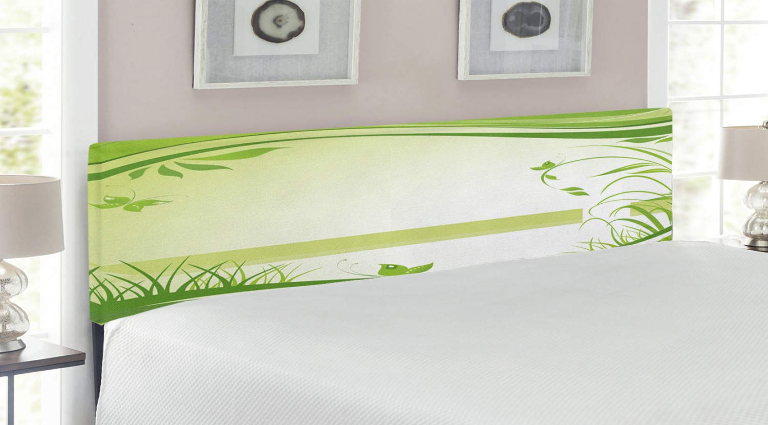 Ambesonne King Size Upholstered Headboard with Memory Foam - Abstract Nature Inspired Wavy Grass & Butterflies Design in Apple Green & Fern Green - Perfect for Bedroom Decor & Modern Home Styling