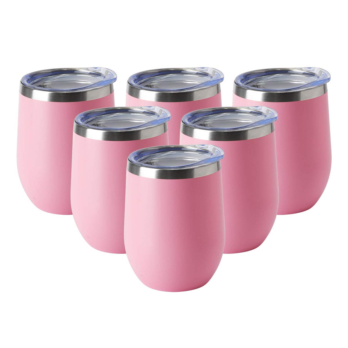 HASLE OUTFITTERS 12oz Stainless Steel Wine Tumbler with Lid - Double Wall Vacuum Insulated Stemless Wine Glass for Hot & Cold Drinks - Travel Mug for Coffee, Cocktails, Beer (6 Pack, Pink) - Perfect for Picnics, Office Use & Outdoor Adventures
