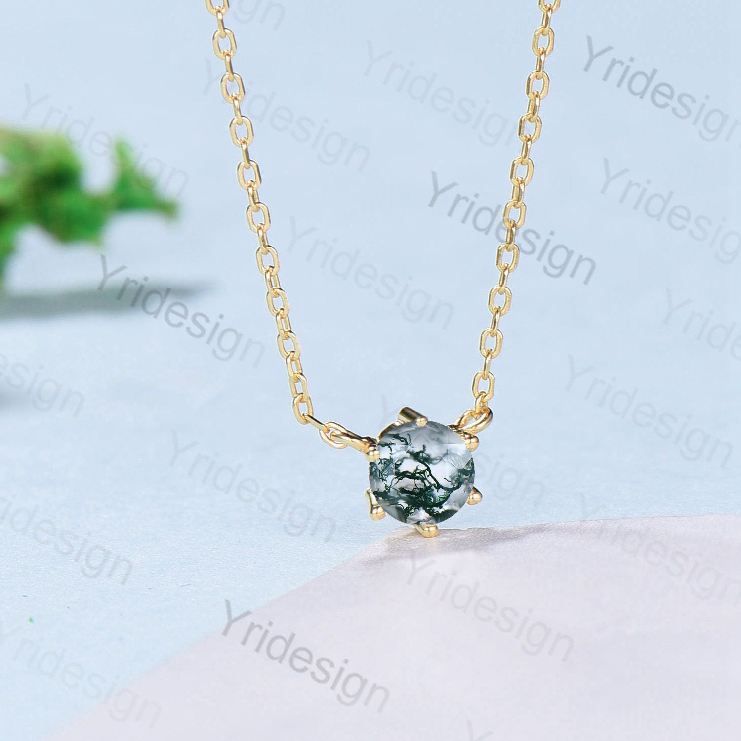 5mm Round Moss Agate Pendant Necklace - 16