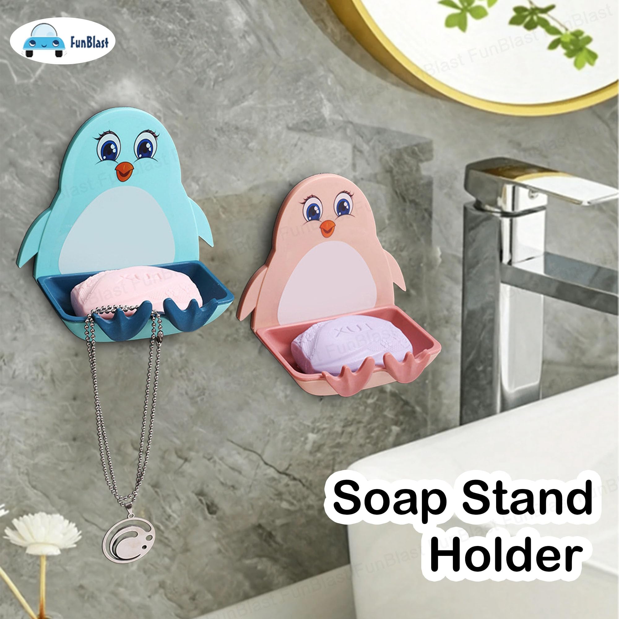 FunBlast Penguin Soap Case Set of 2 - Wall Mounted Soap Holder for Bathroom & Kitchen Sink, Waterproof Magic Stickers Soap Dish Organizer (Blue & Pink) - Perfect for Kids' Bathrooms, RV Showers, and Dorm Sinks
