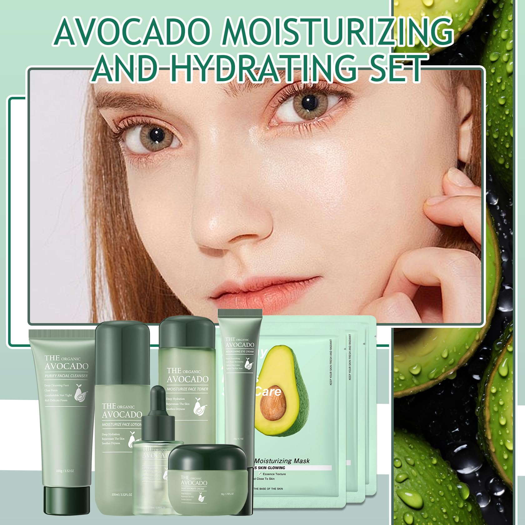 Organic Avocado Skincare Set - 9PCS Facial Kit with Cleanser, Toner, Eye Cream, Serum, Moisturizer & 3 Sheet Masks | Hydrating & Anti-Aging Routine for Dry & Sensitive Skin | Perfect for Travel, Daily Care & Spa Night