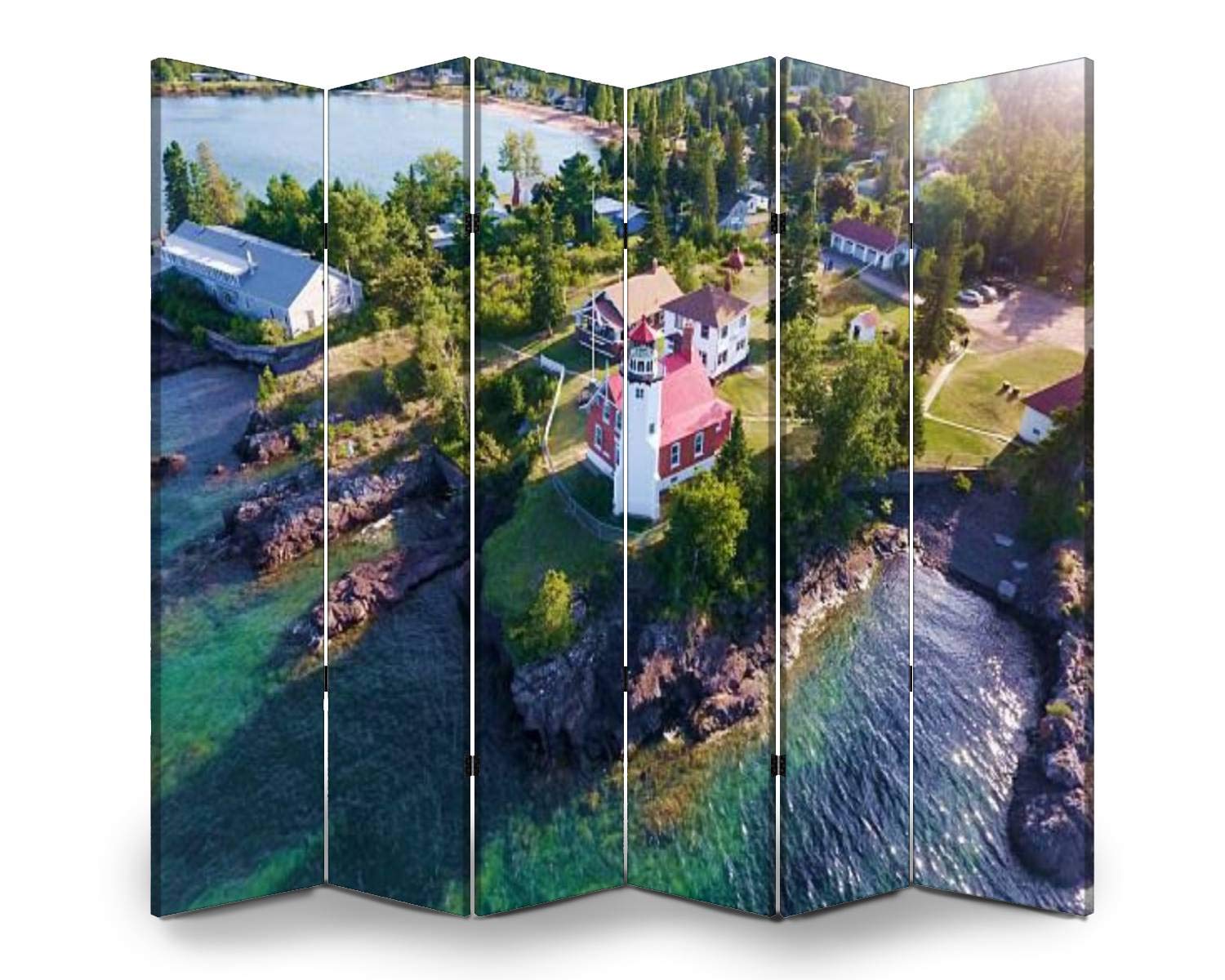 6-Panel Folding Room Divider Screen - Eagle Harbor Lighthouse Design from Michigan's Keweenaw Peninsula - Freestanding Privacy Partition for Indoor & Outdoor Use - Perfect for Home Office, Nursery, or Event Space Separation