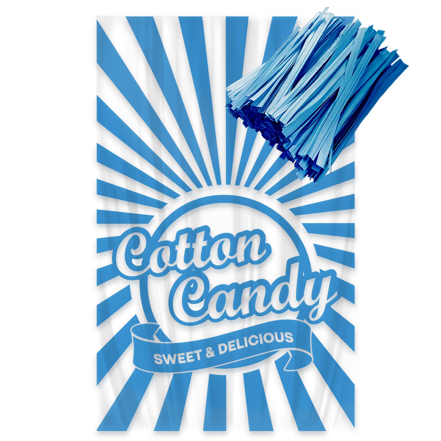 100 Count Cotton Candy Bags with Ties - 11.5x18.5 Inch Clear Printed Party Bags for Carnivals, Birthday Parties & Events (Blue) - Perfect for Candy Packaging, Party Favors & Sweet Treat Displays