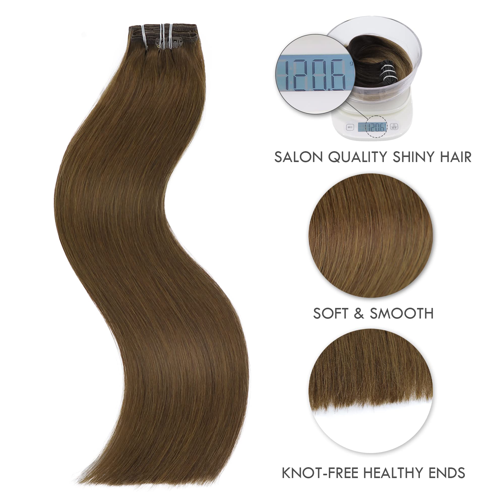 Chocolate Brown Clip In Hair Extensions 14 Inches - 7PCS 120g Real Human Hair, 9A Remy Silky Straight for Women | Perfect for Daily Wear, Parties & Special Occasions