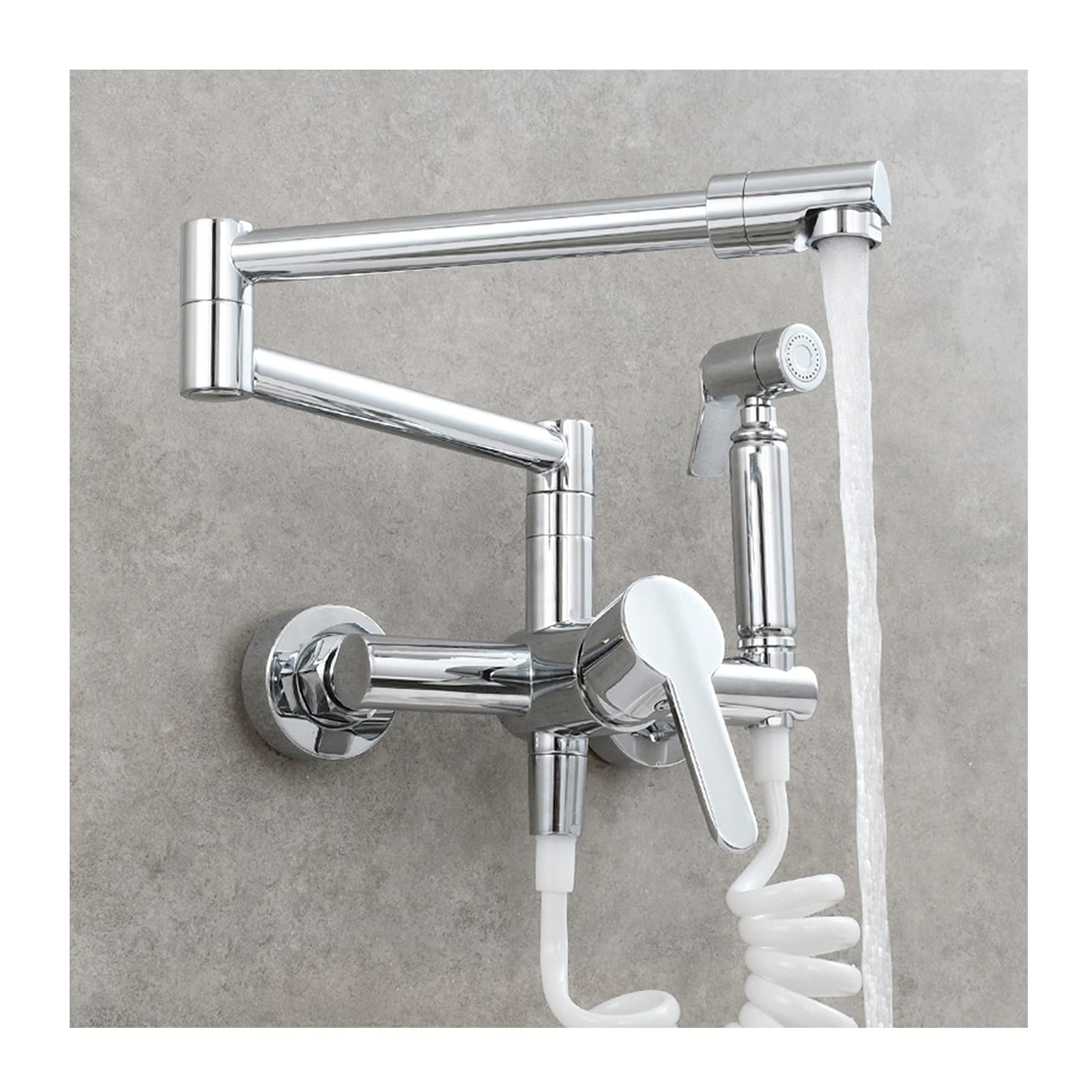 Commercial Brass Wall Mount Kitchen Faucet - Hot & Cold Water 2-Function Pot Filler with Folding Stretchable Swing Arms, Chrome Finish | Ideal for Restaurant & Home Kitchen Sink Installation