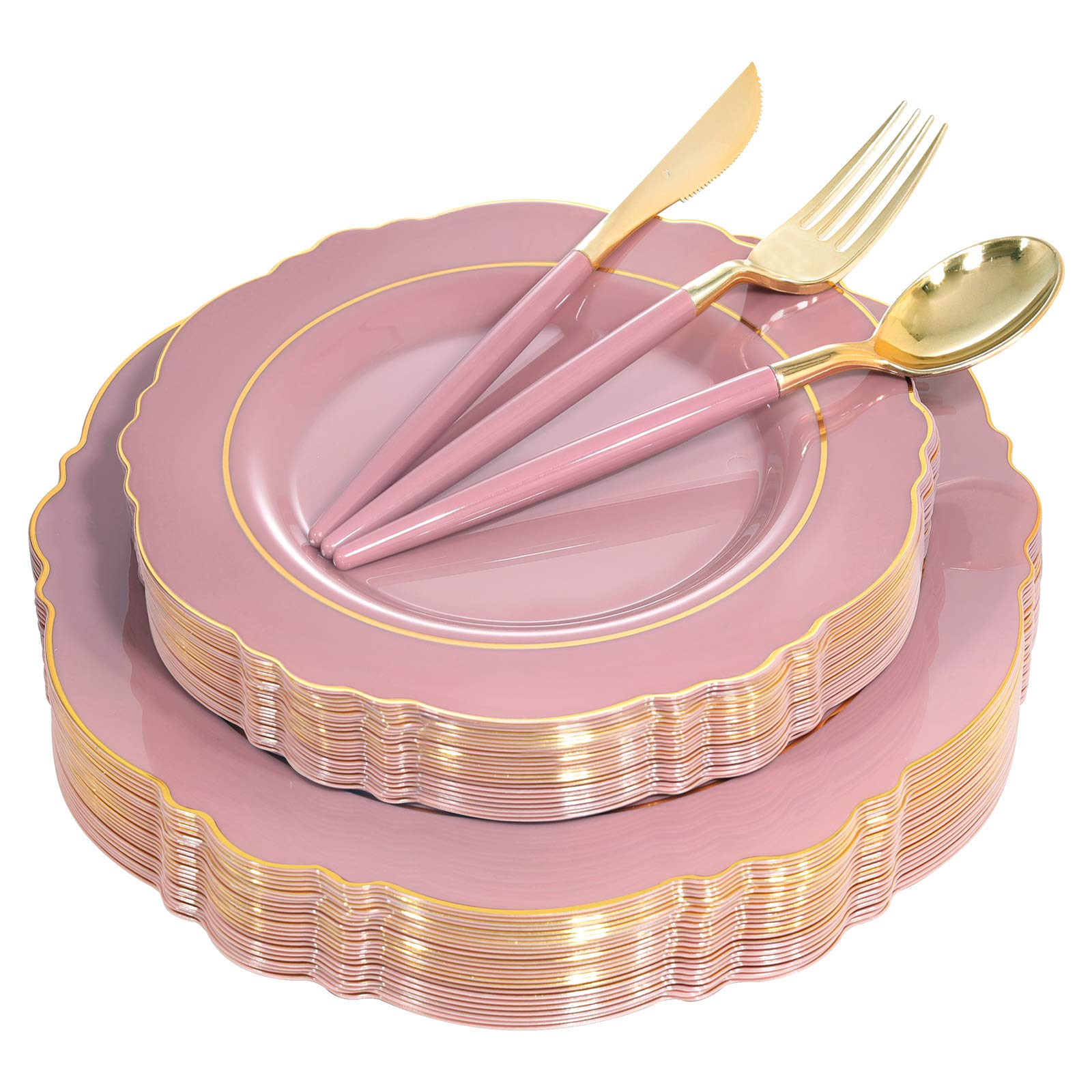 100-Pack Elegant Mauve Pink Plastic Plates with Gold Rim - Disposable Dinnerware for Weddings, Parties & Easter Celebrations - Perfect for Serving 20 Guests - Ideal for Bridal Showers, Baby Showers & Holiday Gatherings