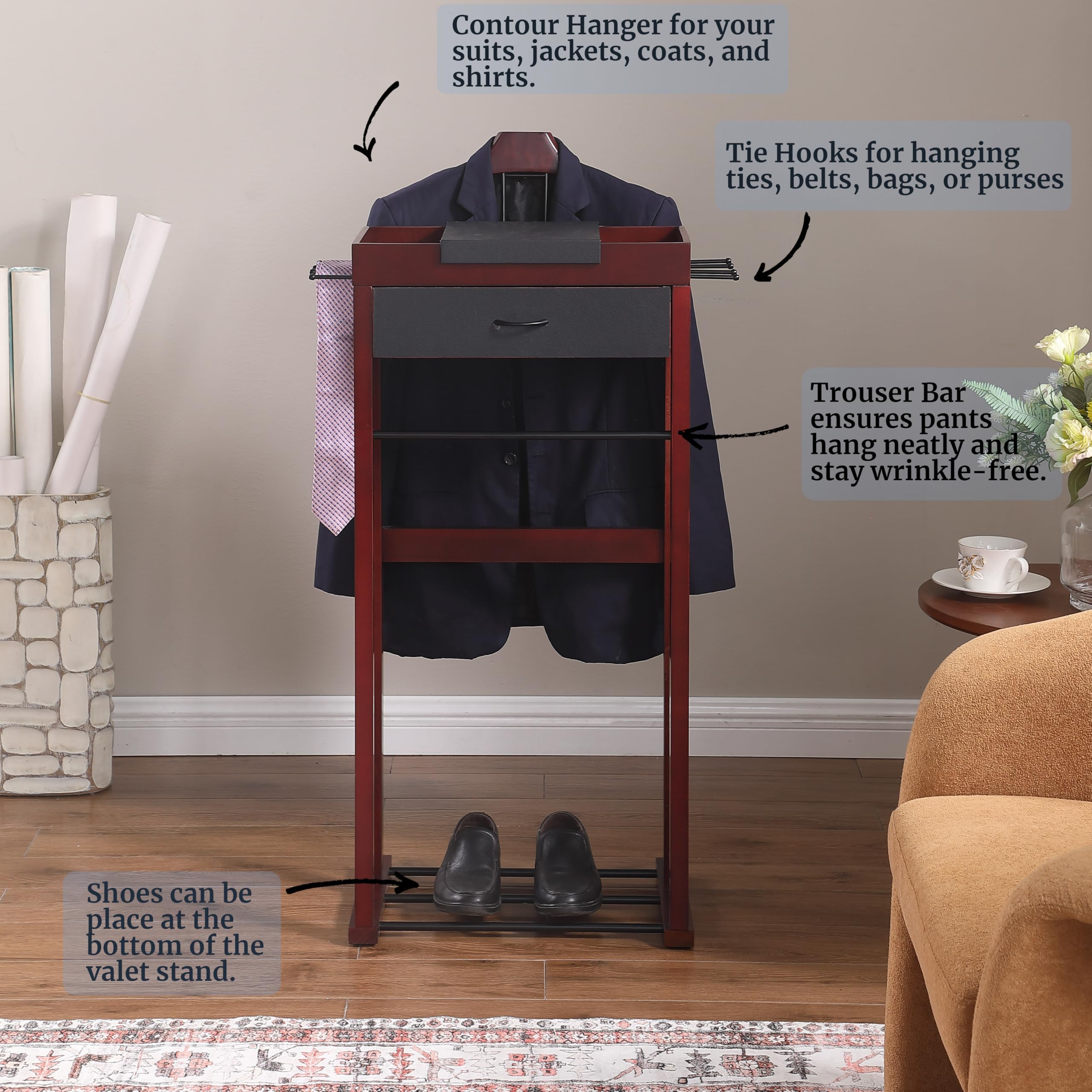 Premium Winston Wooden Clothes Valet Stand - Freestanding Wardrobe Organizer with Hanger, Pant Rod, Drawer, Tie Hook & Shoe Tray for Men & Women - Mahogany Finish - Perfect for Bedroom, Walk-in Closet & Dressing Room Organization