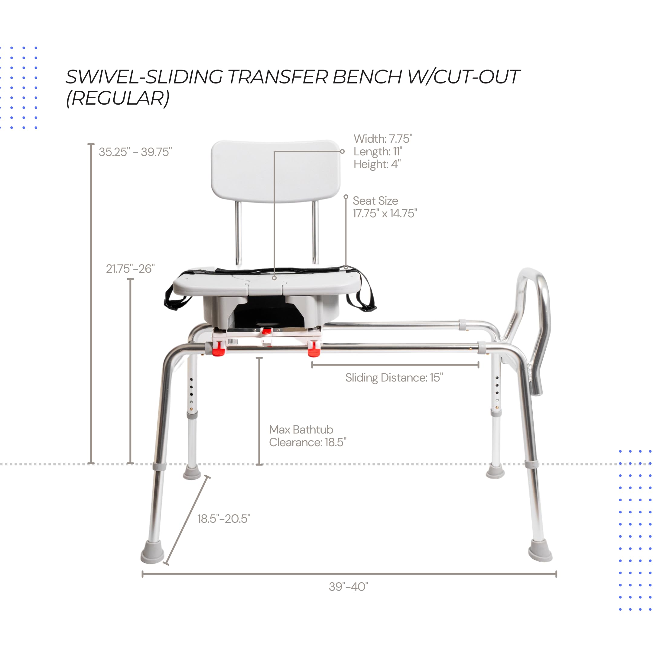 Eagle Health Supplies Adjustable Height Swivel Sliding Shower Chair & Bathtub Transfer Bench with Cut-Out Design - Heavy Duty 400 lbs Capacity - Safety Shower Seat for Elderly & Disabled Adults - Ideal for Bathroom Safety, Mobility Assistance & Post-Surgery Recovery (Model 77663)
